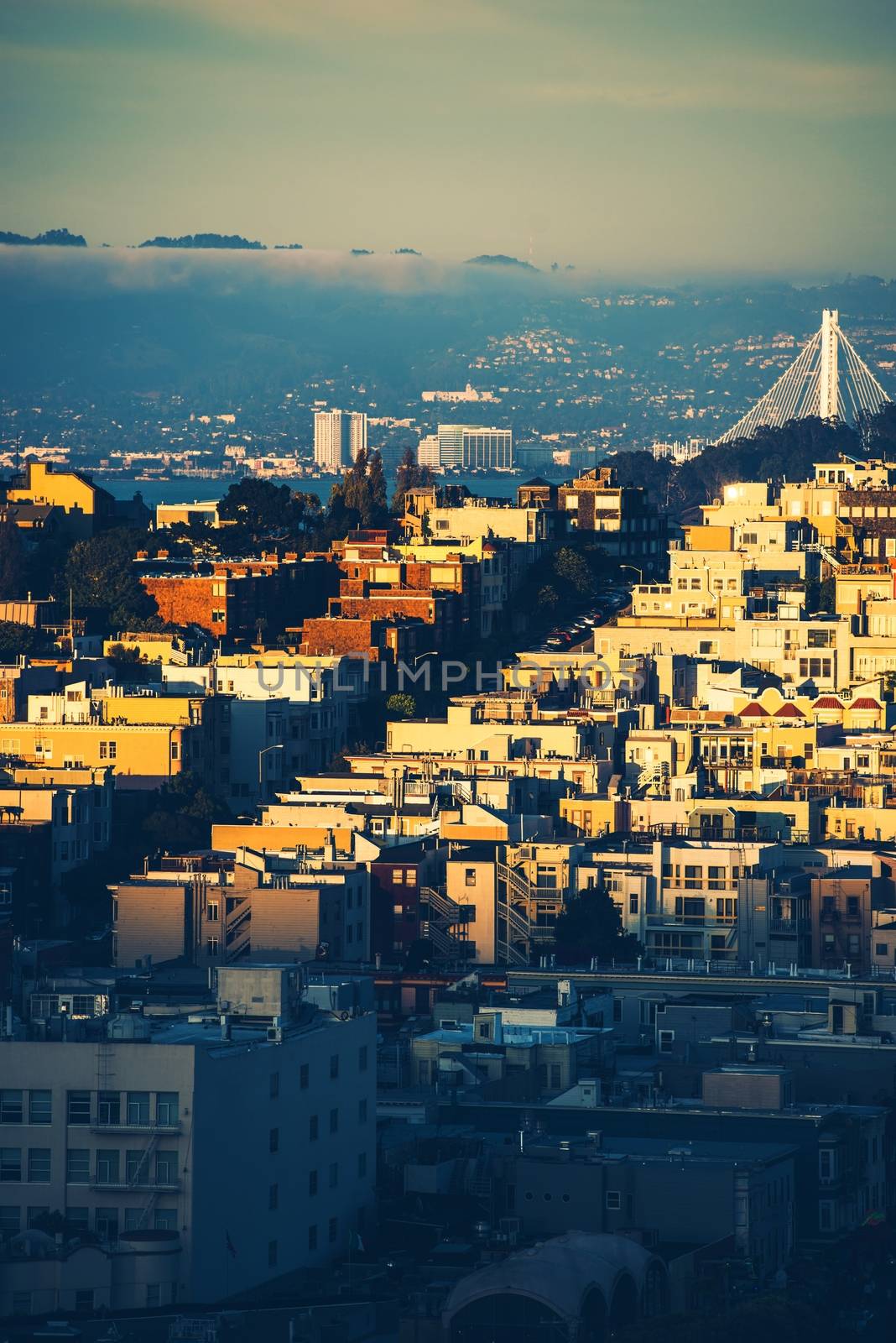 Residential Hill in San Francisco, California, USA. Sunset and Famous San Francisco Architecture.