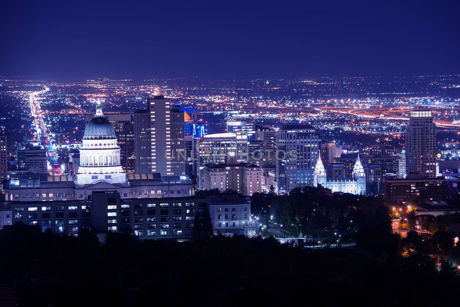 Salt Lake City at Night Panorama with Capitol Building. Salt Lake City, Utah, United States.