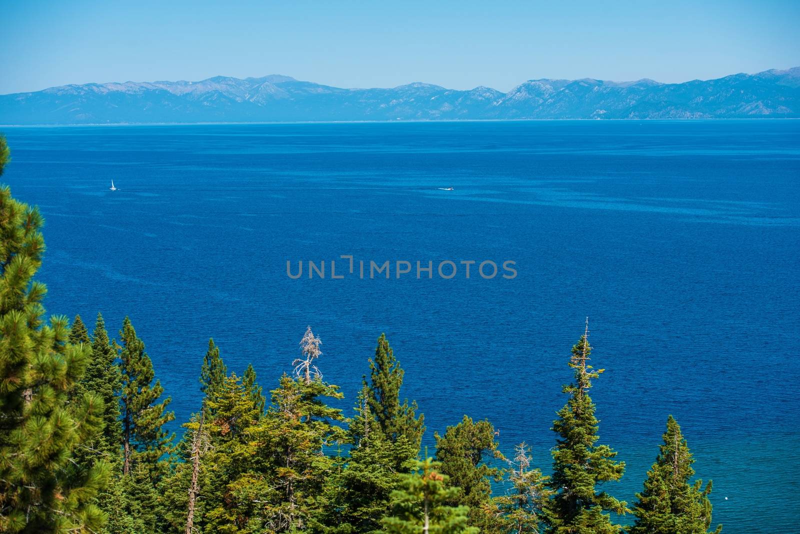 Lake Tahoe Summer Panorama. Clear Blue Water of the Lake Tahoe  in California Sierra Nevada Mountains, USA.