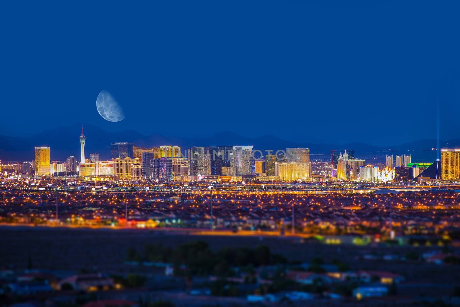 Las Vegas Strip and the Moon. Las Vegas Panorama at Night. Nevada, United States.