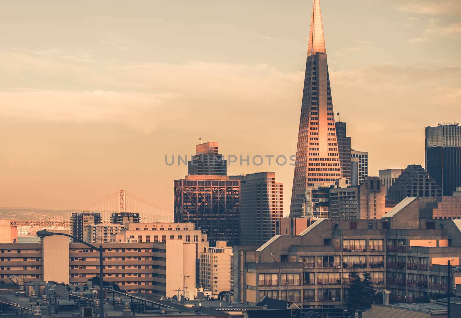 Sunset in Downtown San Francisco, California, USA. Vintage Color Grading.