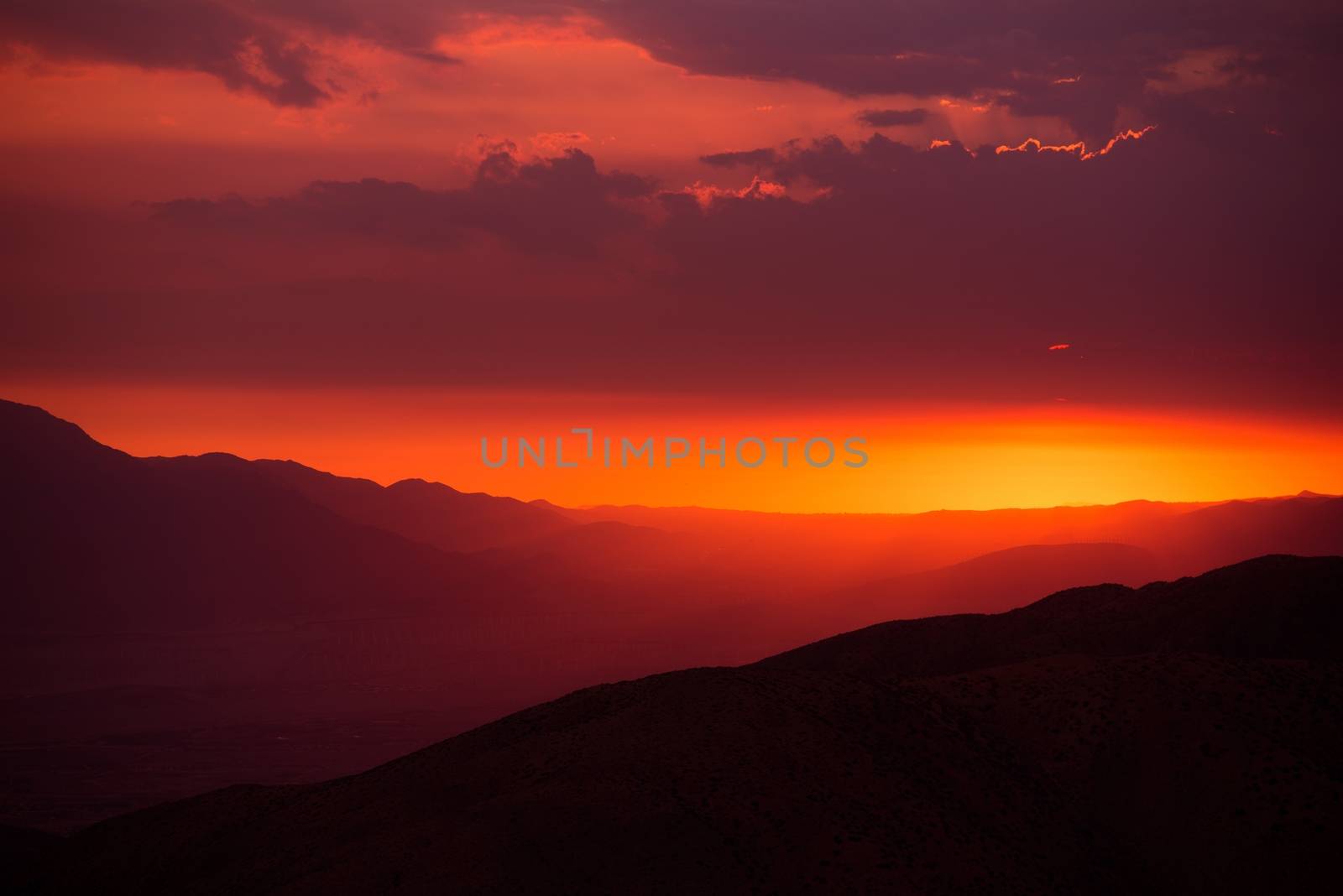 Scenic California Sunset. Coachella Valley Summer Sunset. Valley Landscape. San Jacinto Mountains View from Little San Bernardino Mountain Vista Point.