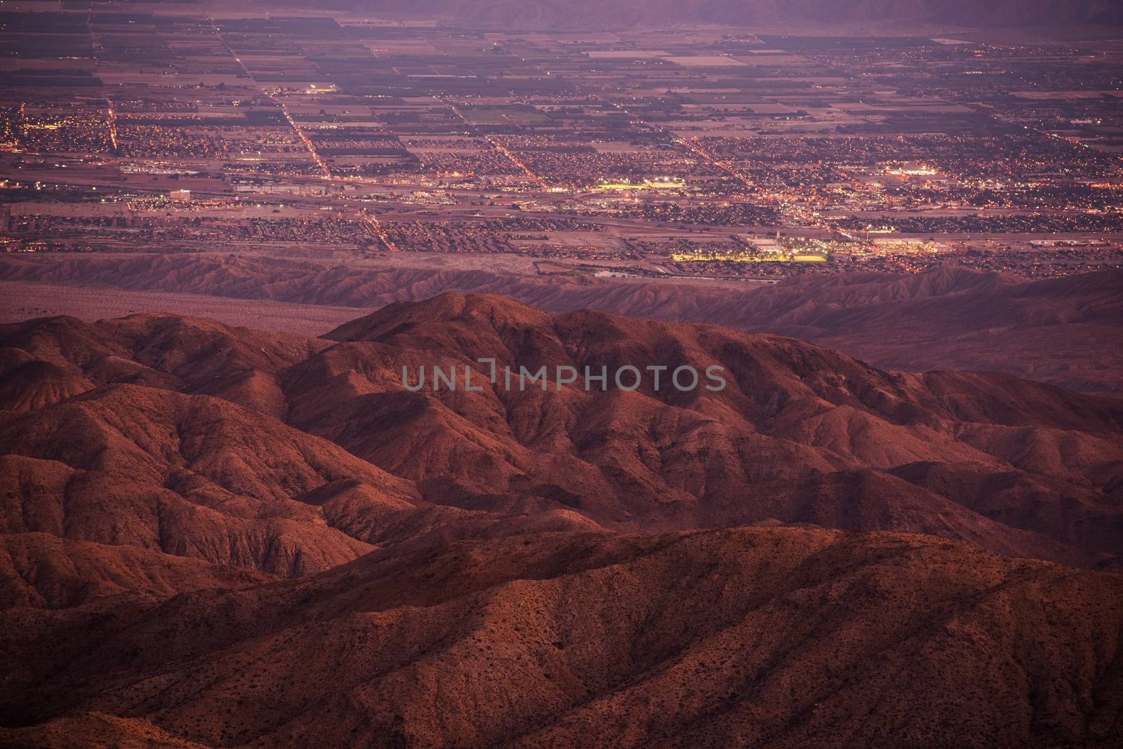 Coachella Valley at Dusk. California, United States. Thermal and Mecca, California City Lights.