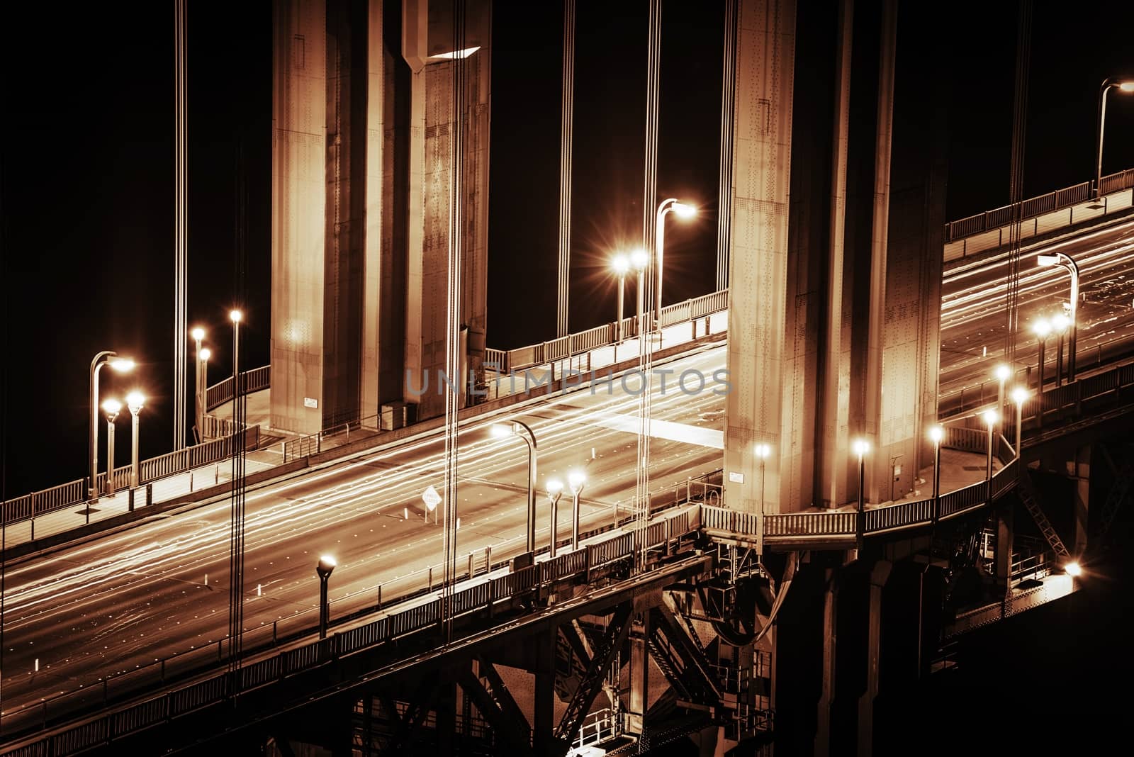 Golden Gate Bridge Iron Elements Details. Night Photography. Toll Bridge Highway. San Francisco, California, USA.