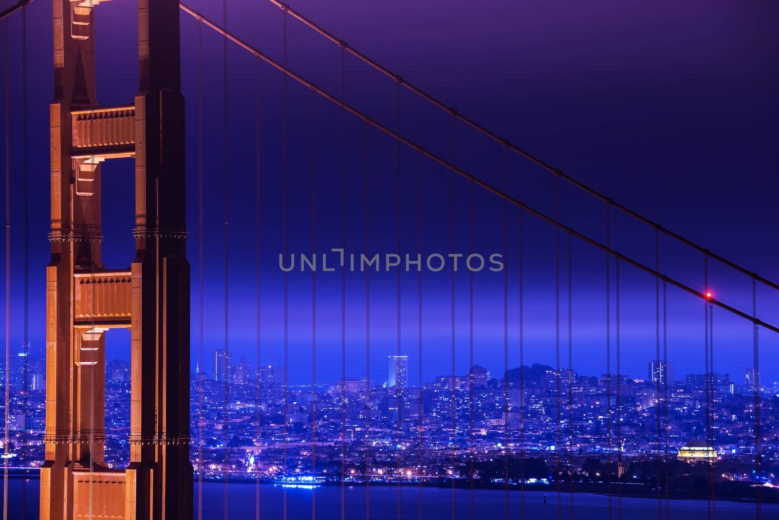 Iconic San Francisco Downtown and Golden Gate Bridge at Night. California, USA.