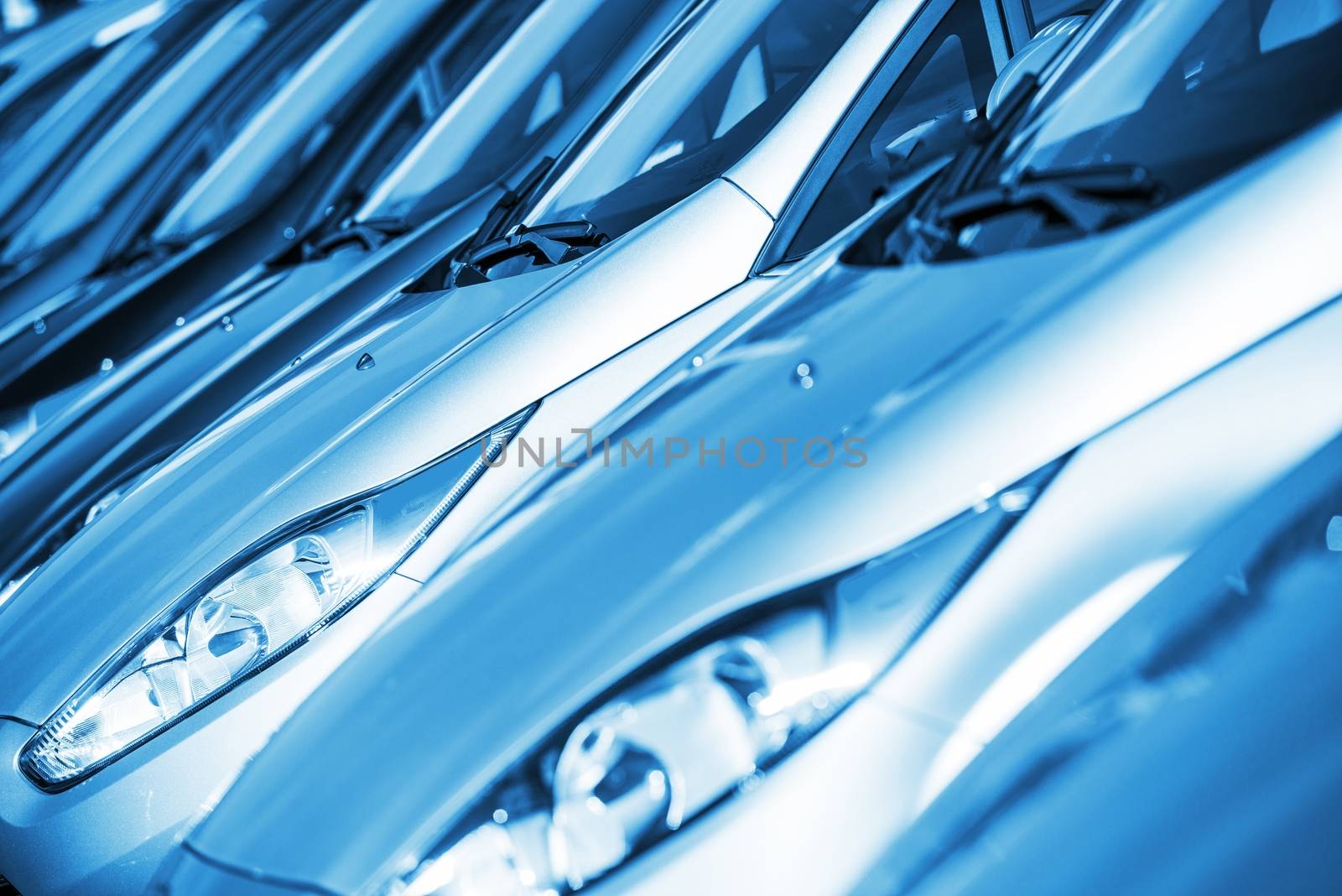 New Cars in Stock in Blue Color Grading. Cars Market Theme. Cars Inventory.
