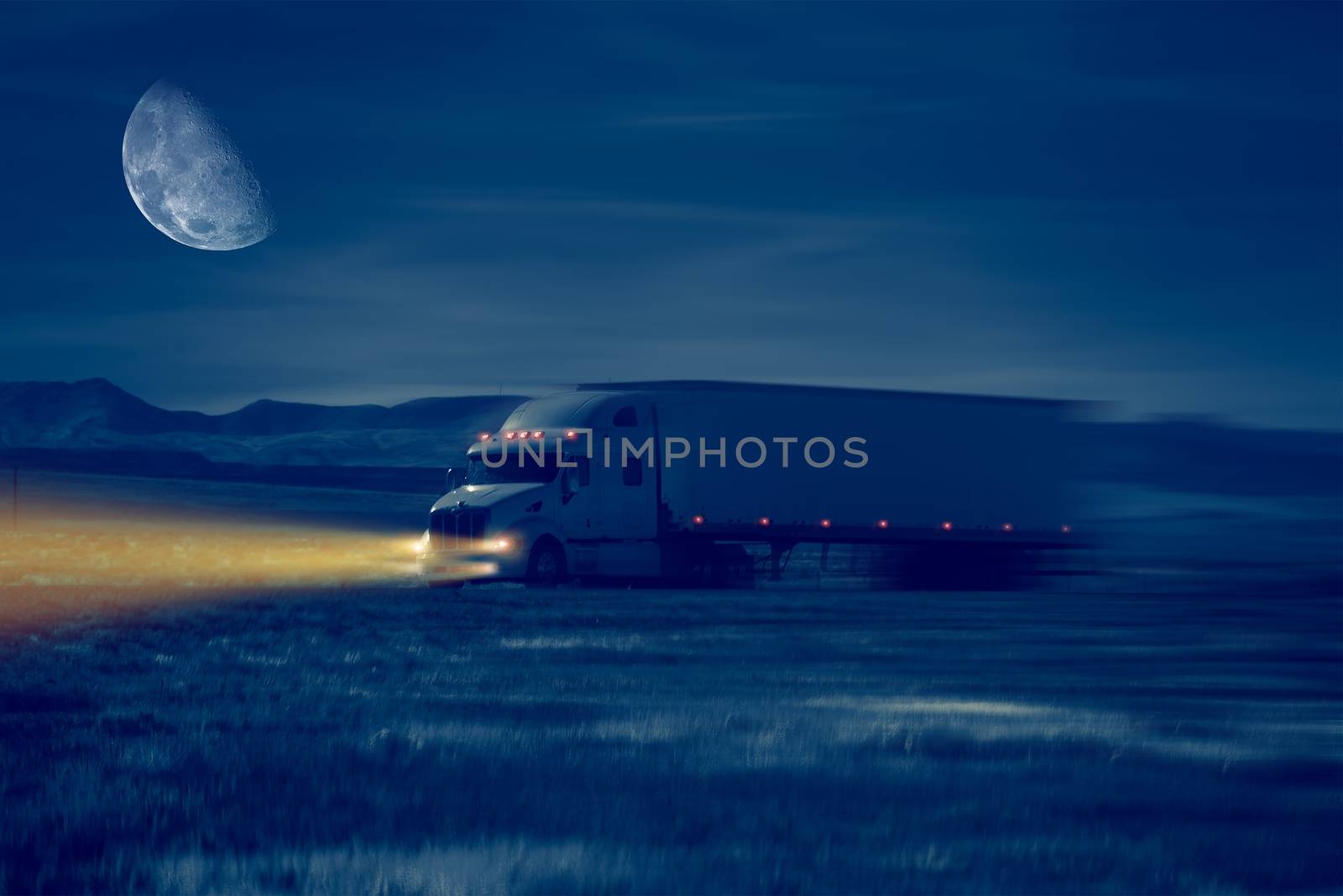 Night Truck Drive in Desert Area. Trucking Concept Illustration.