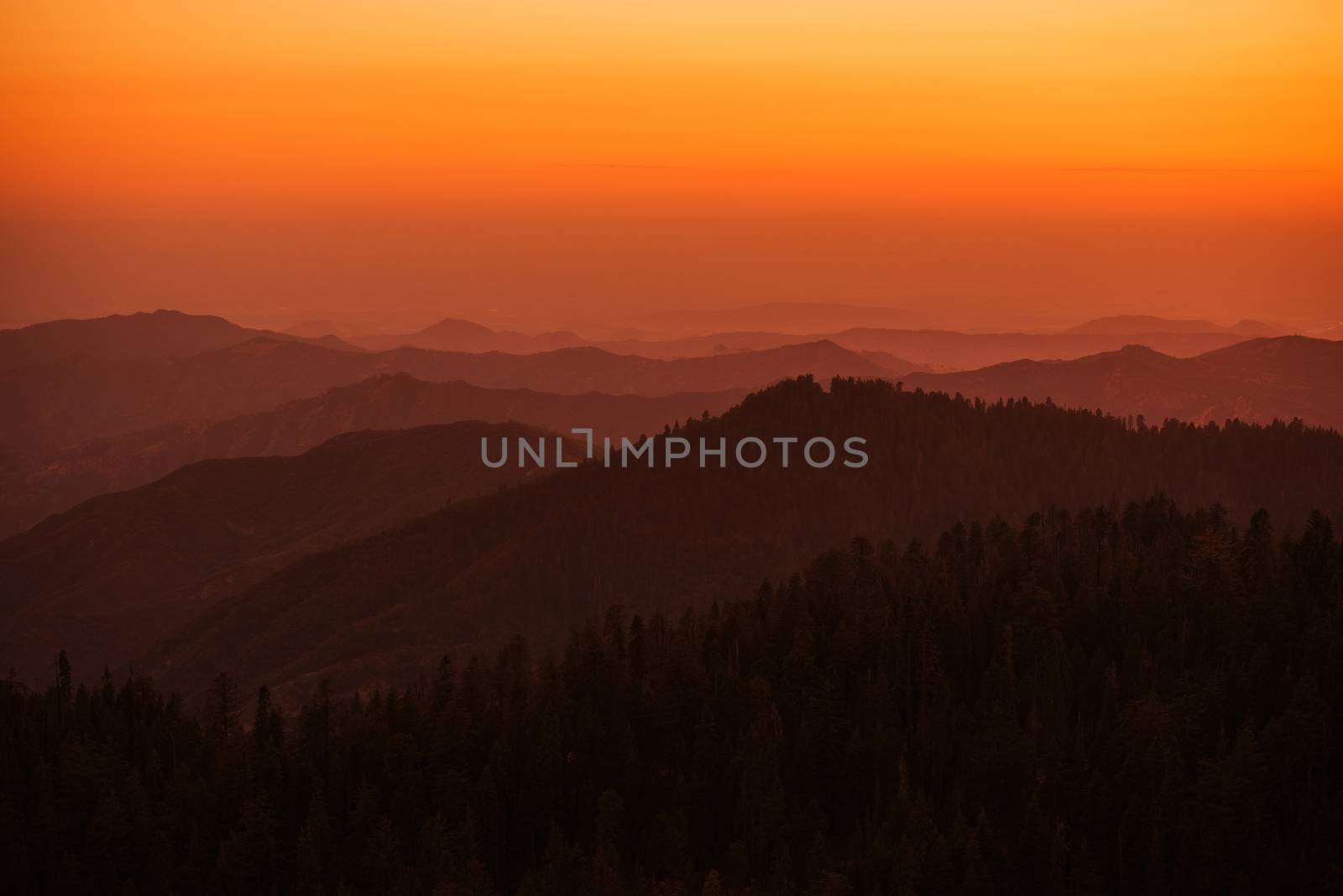 Sierra Nevada Summer Sunset. California Sierra Nevada Mountains Nature Silhouette. California USA.