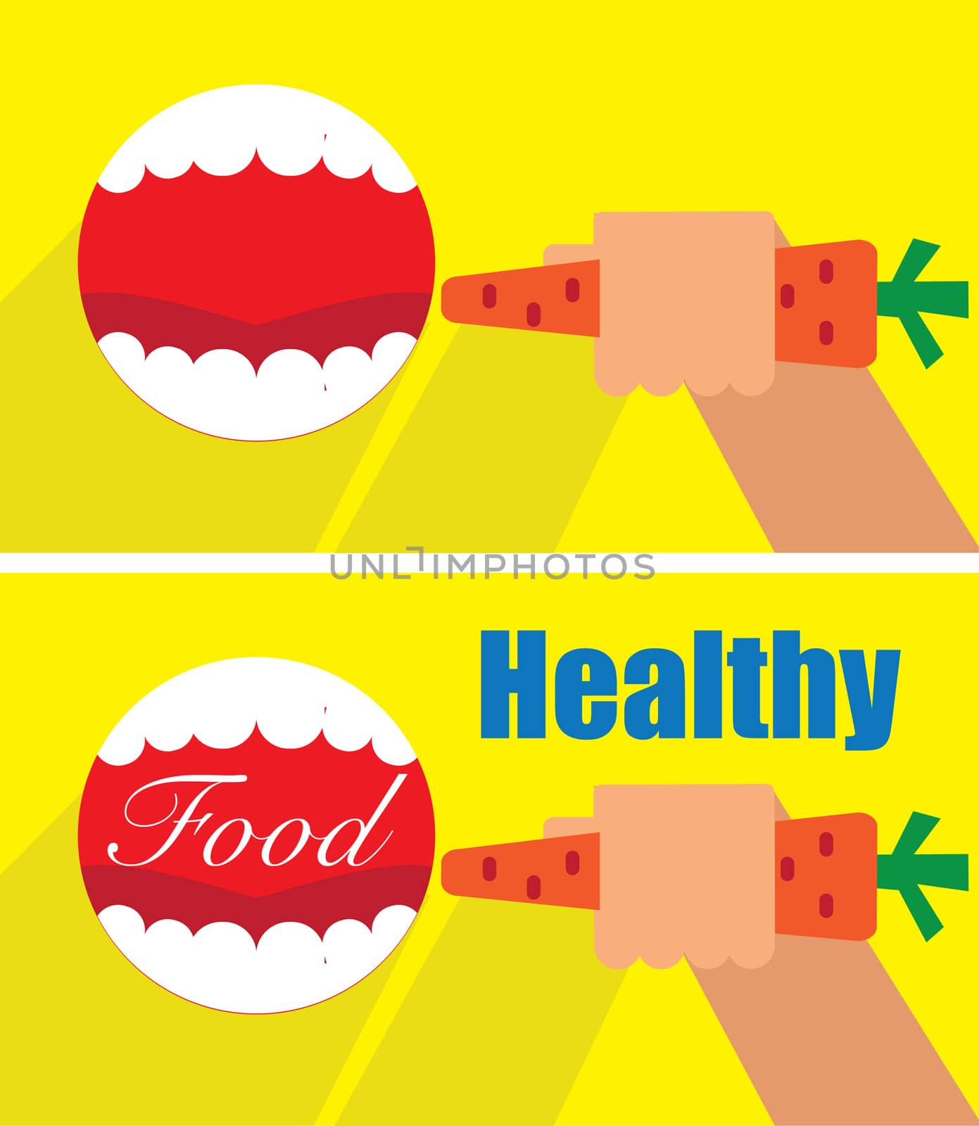 healthy food poster - open mouth and hand with carrots background