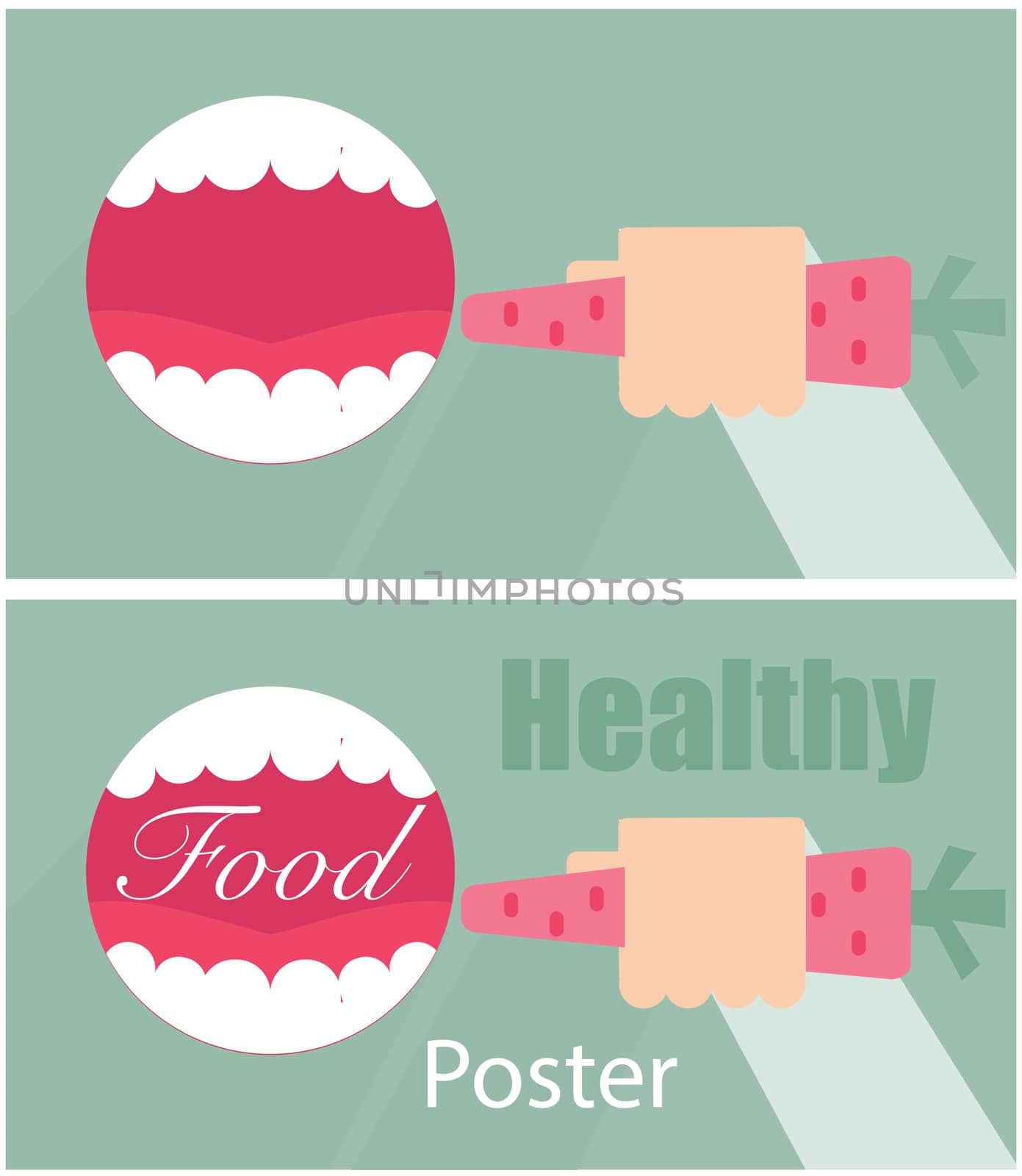 healthy food poster - open mouth and hand with carrots background