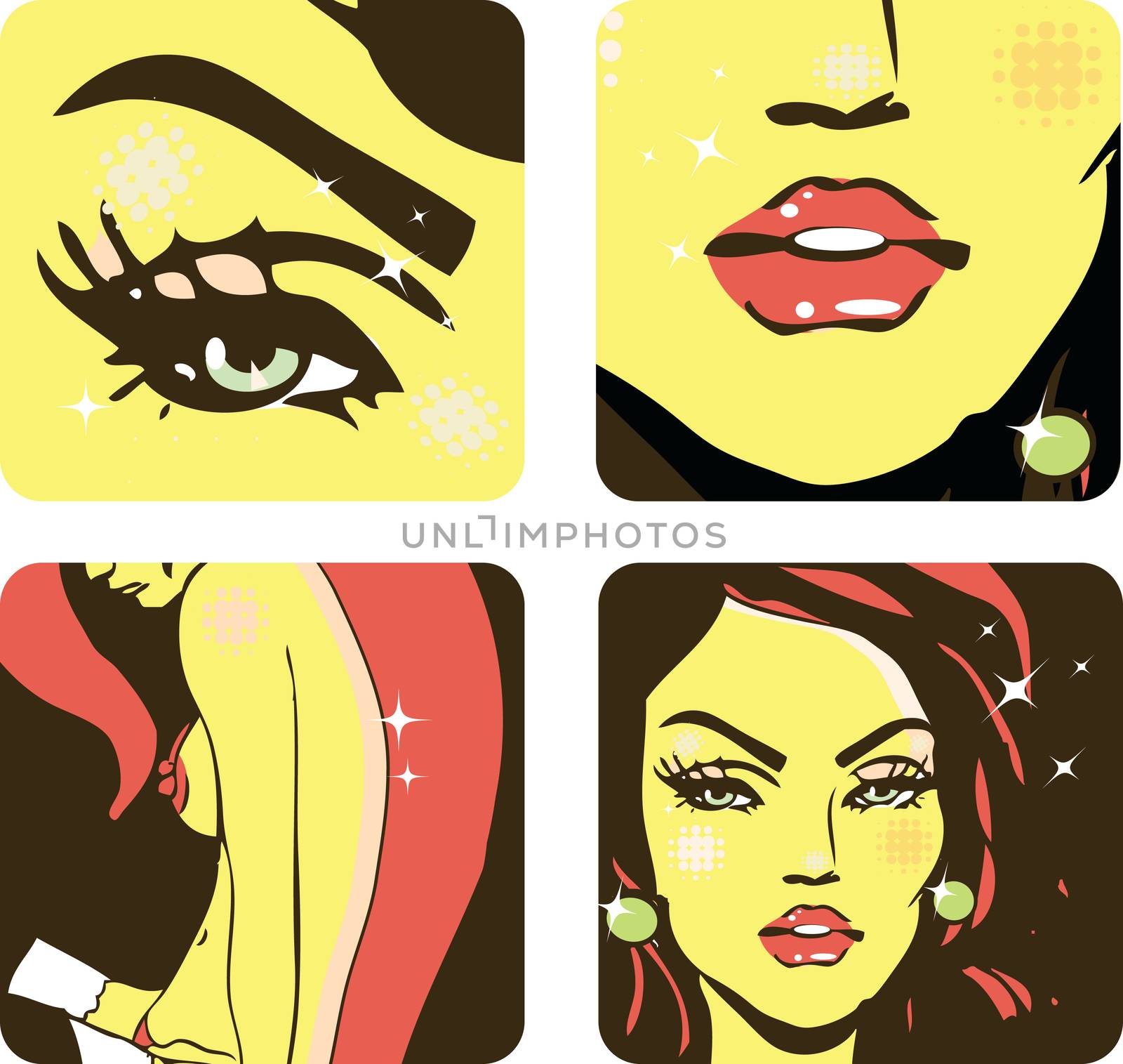 4 icons of Woman beauty -body, hair, eyes, lips, face girl by tamaravector