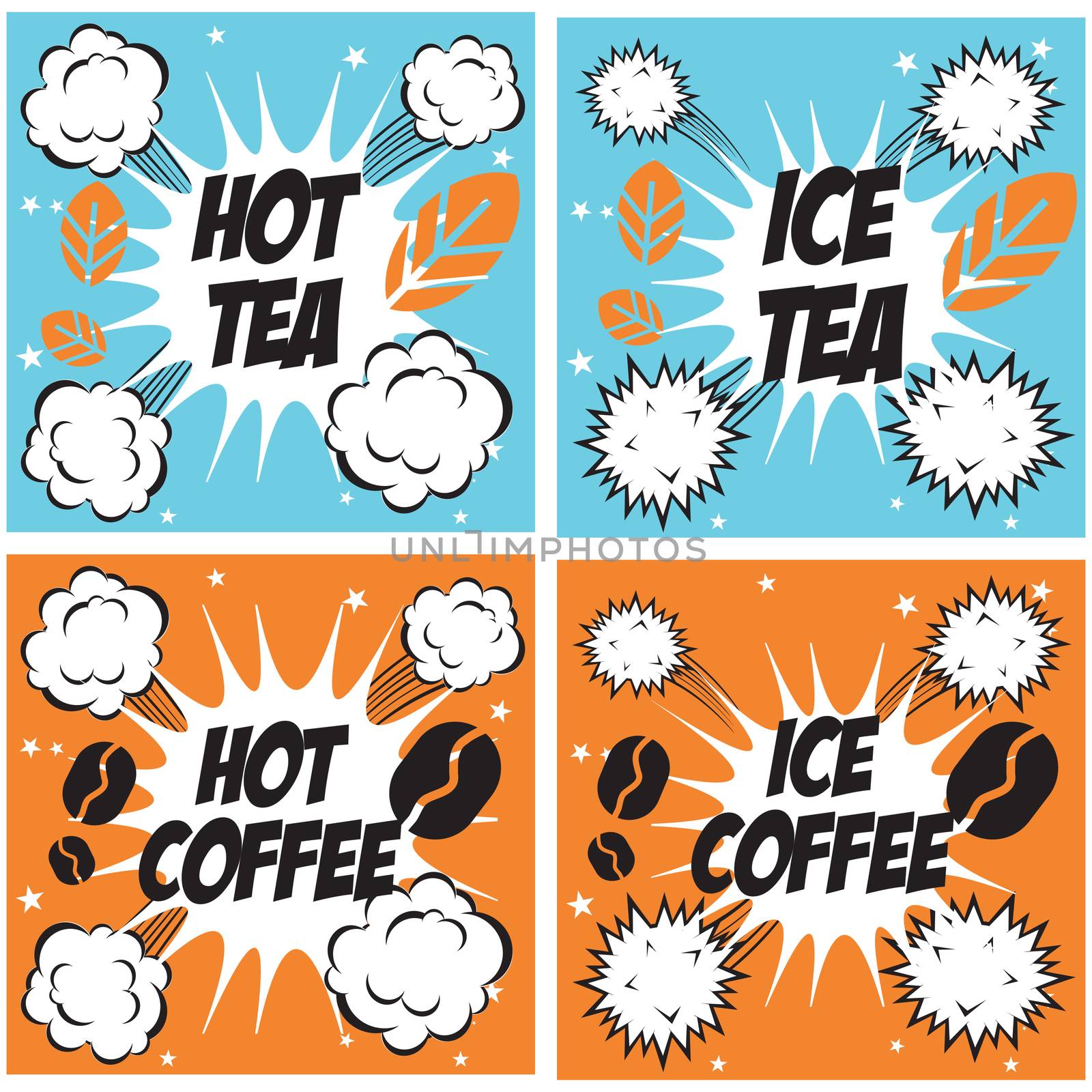 Hot coffee cold coffee, hot tea cold tea , set of comics popart  by tamaravector