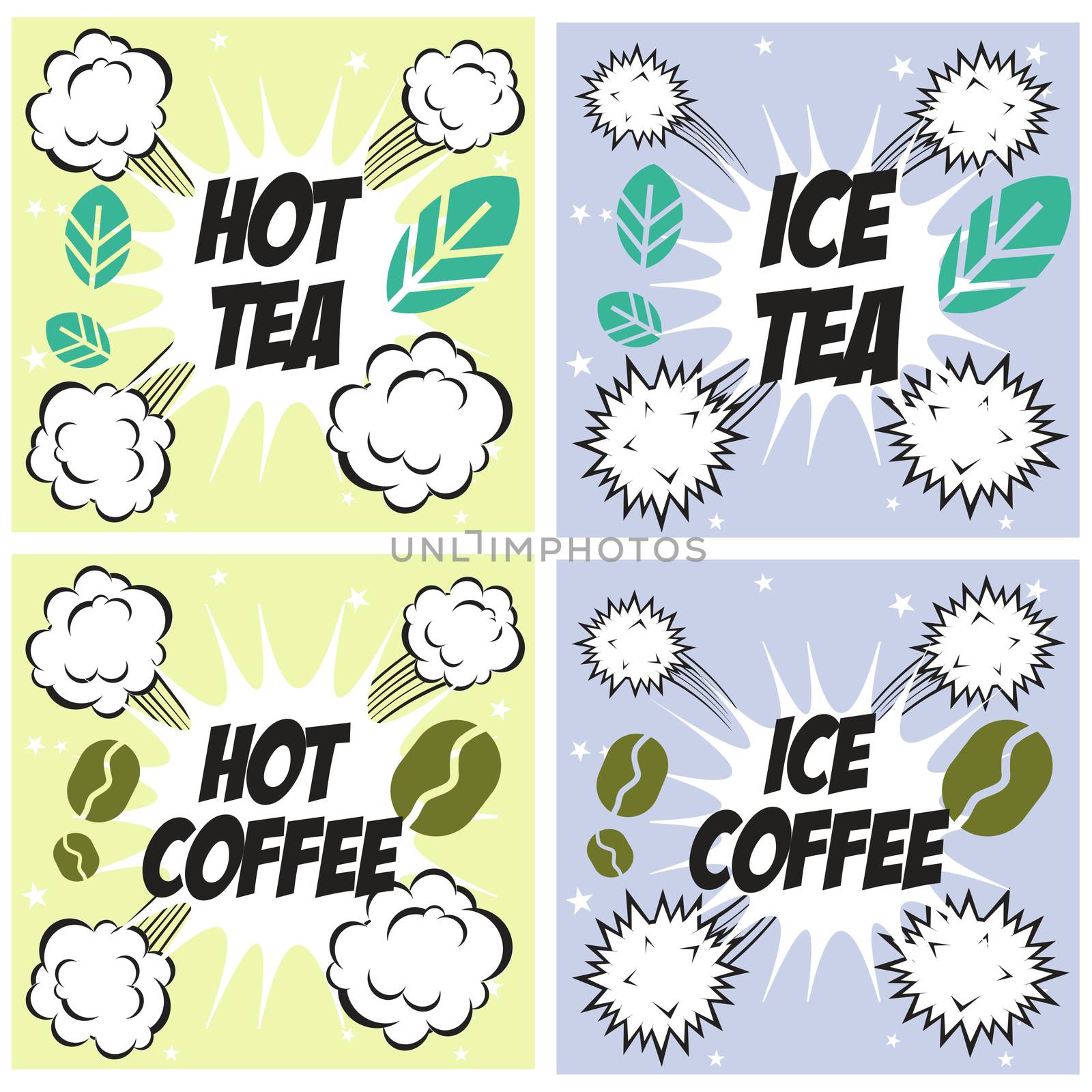 Hot coffee cold coffee, hot tea cold tea , set of comics popart drinks backgrounds