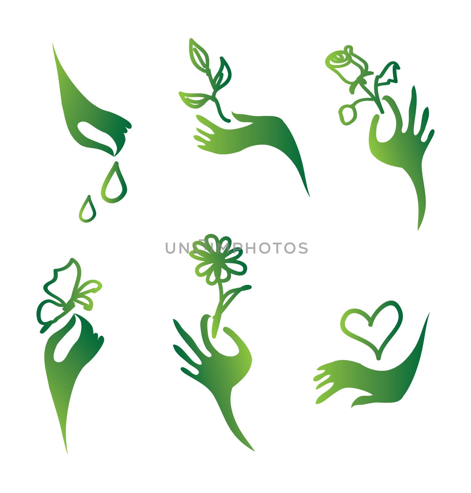 Nature hans ECO symbol hand presenting flower and tree water and butterfly