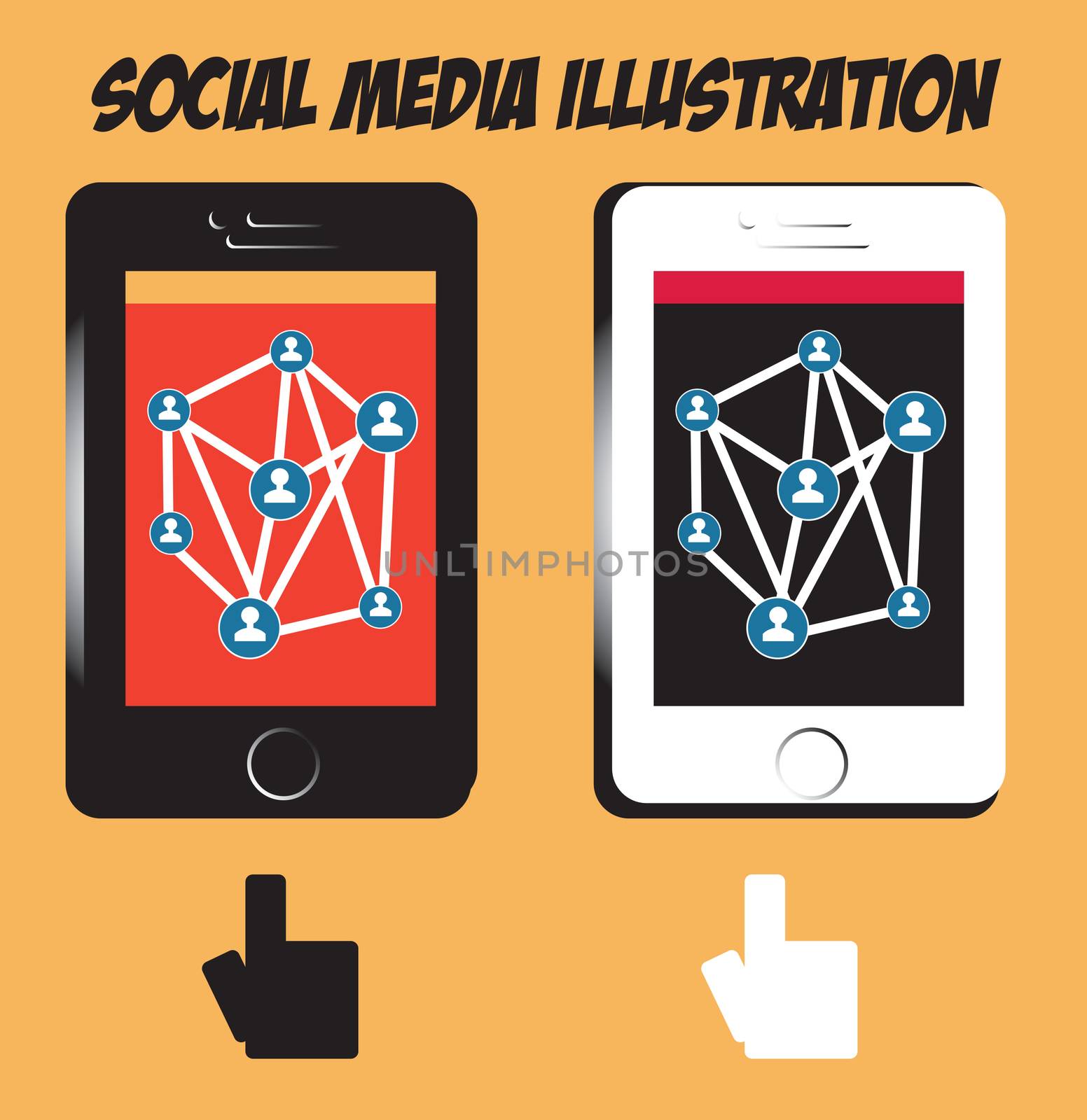 Hands tablet or mobile phone icons PC with social media illustration on background