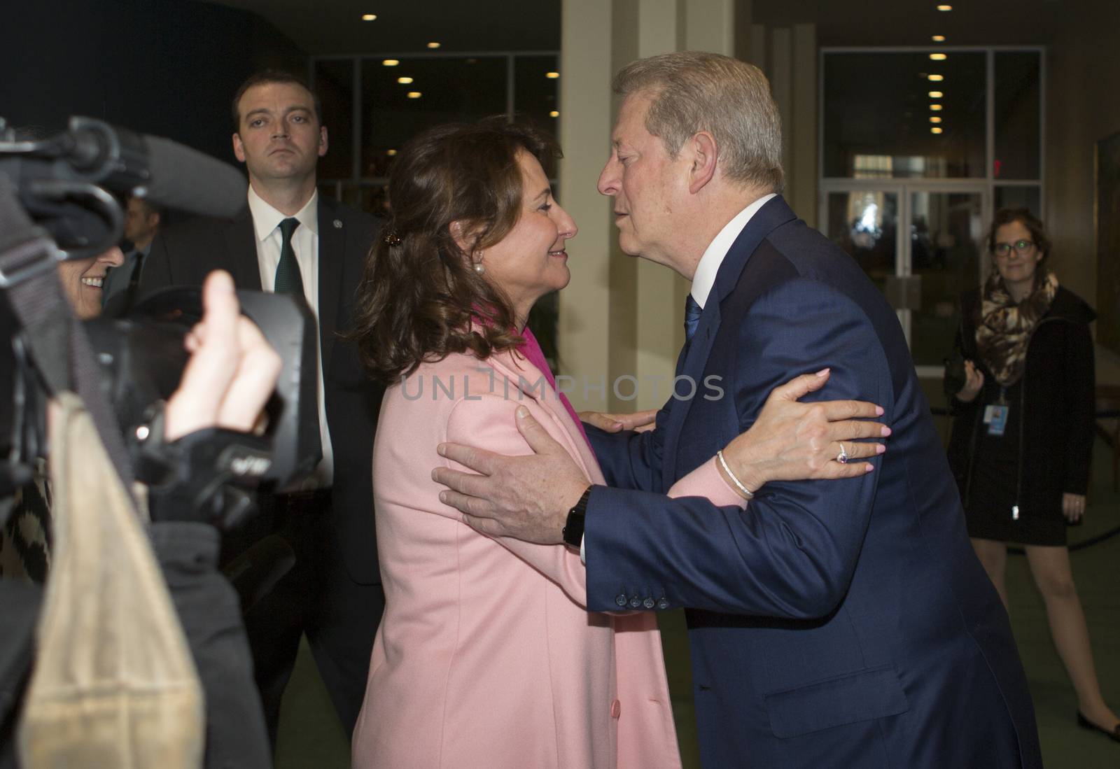 USA, New York: Former United States Vice President Al Gore greets French Minister for Ecology, Sustainable Development, and Energy Segolene Royal at the United Nations' Investor Summit on Climate Risk in New York City on January 27, 2016.