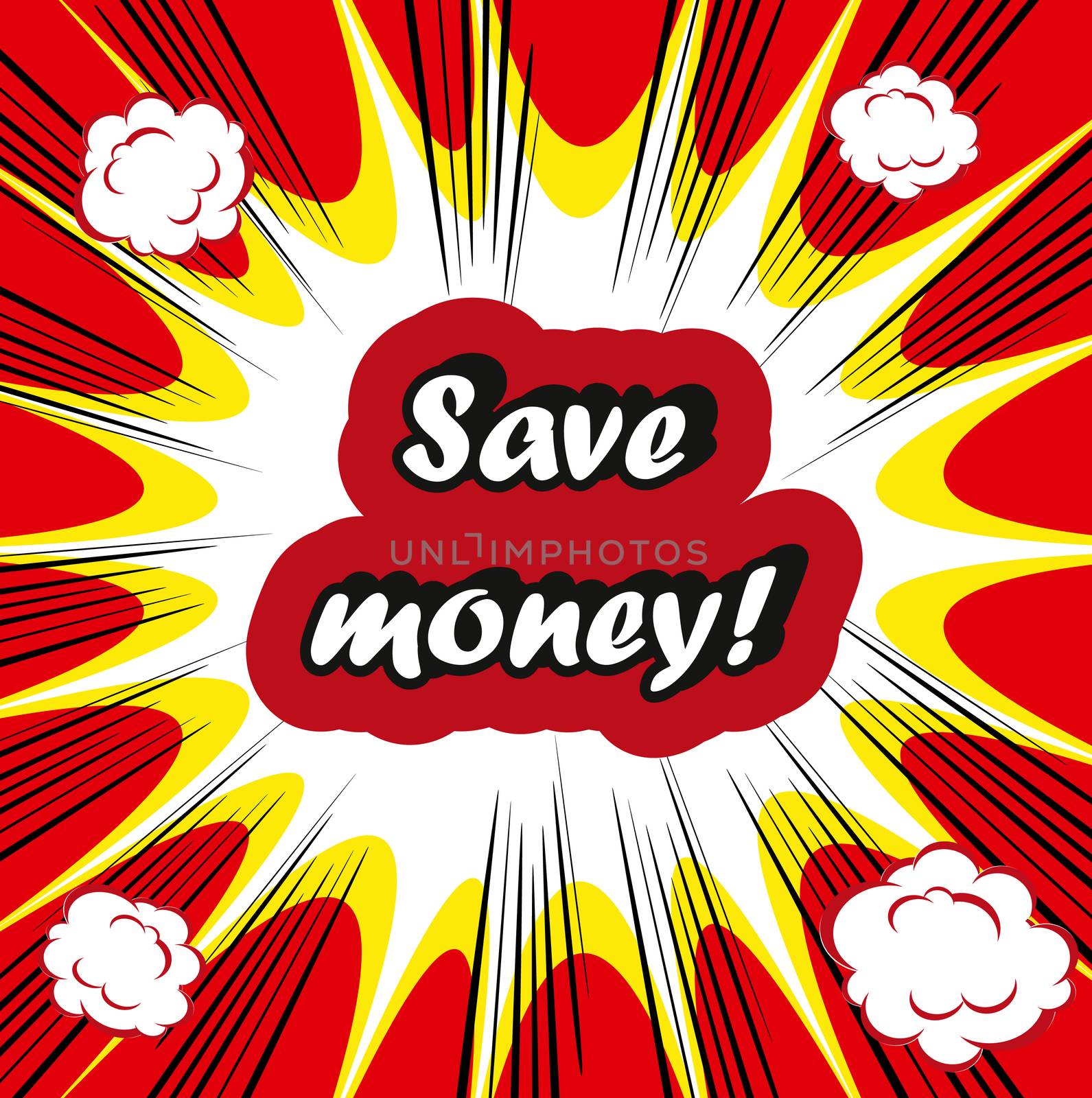 Save money! concept retro closeup words on retro boom background