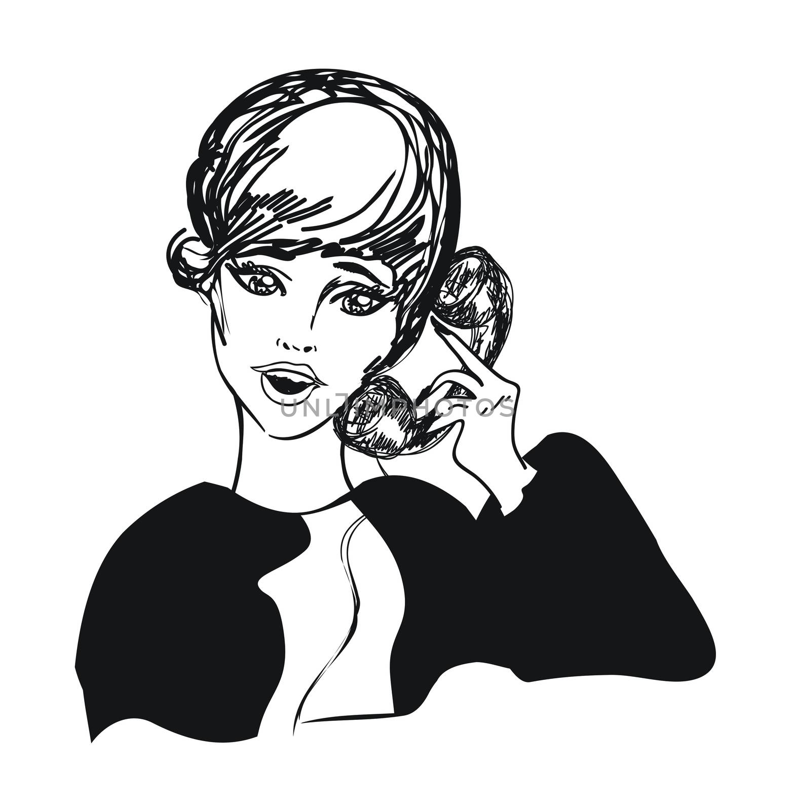 Retro cute girl woman on phone - art vintage illustration