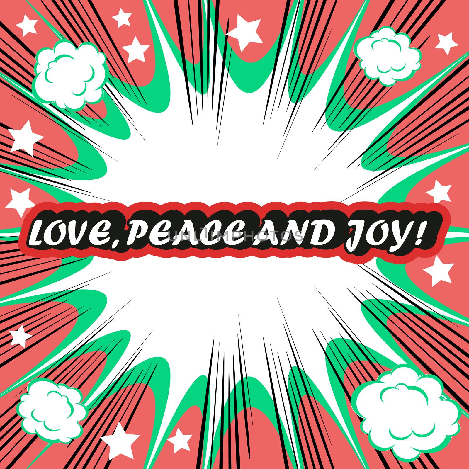 Retro background Design Template boom with word Love Peace and Joy Comic book background