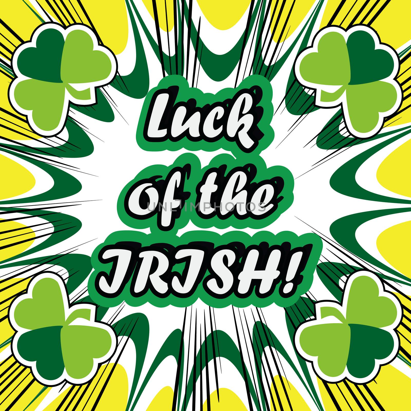 boom Happy St Patricks day card with lucky clover, ornaments typography font type in pop art retro style 