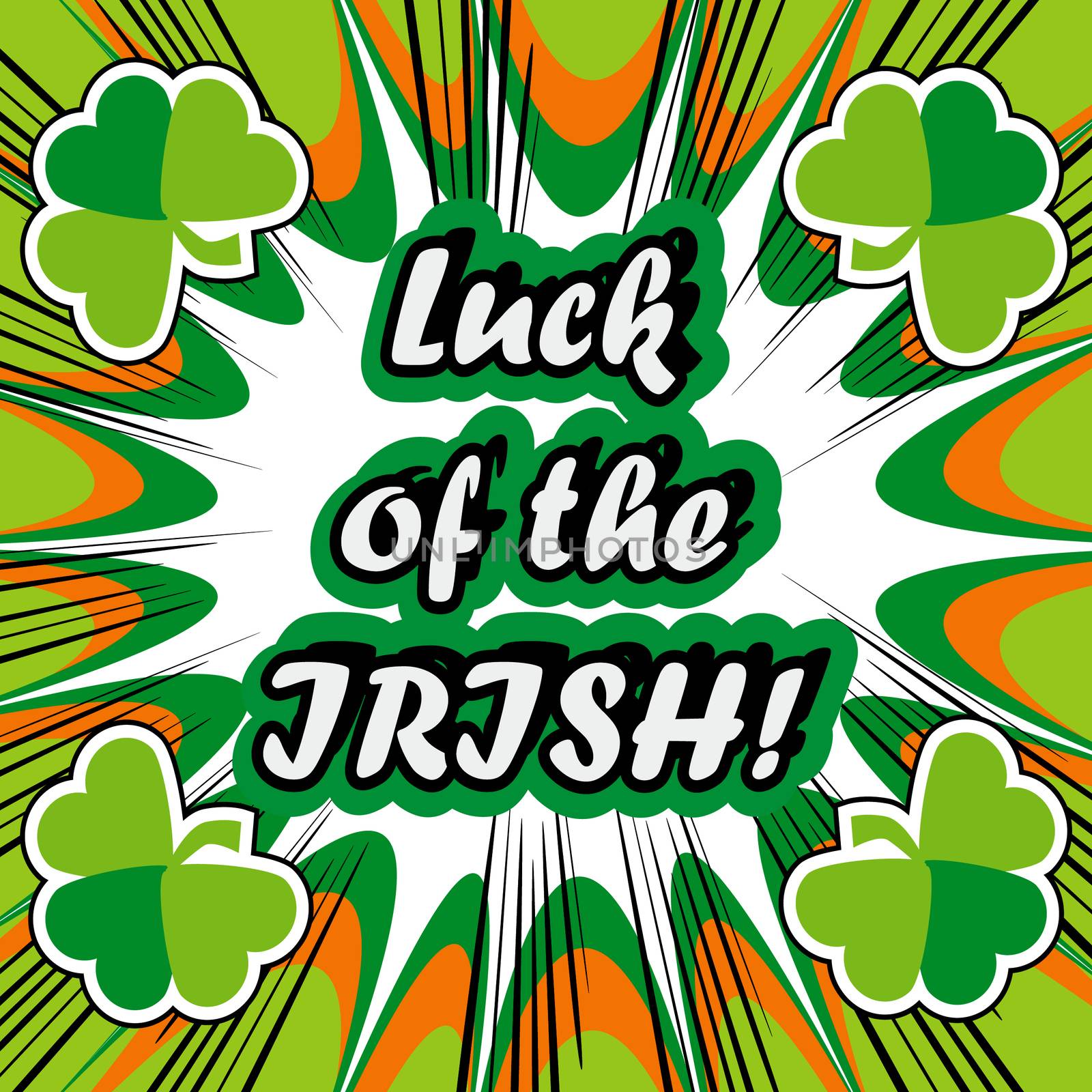 boom Happy St Patricks day card with lucky clover, ornaments typography font type in pop art retro style 
