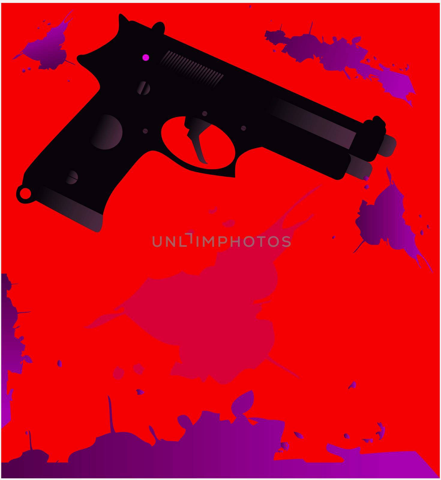 Gun silhouette with blood splatter on a white background Crime concept template with space