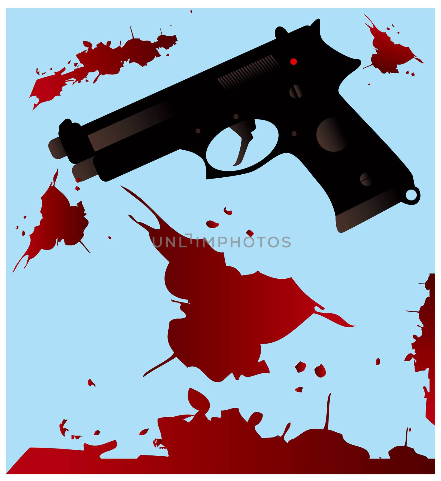 Gun silhouette with blood splatter on a white background Crime concept template with space