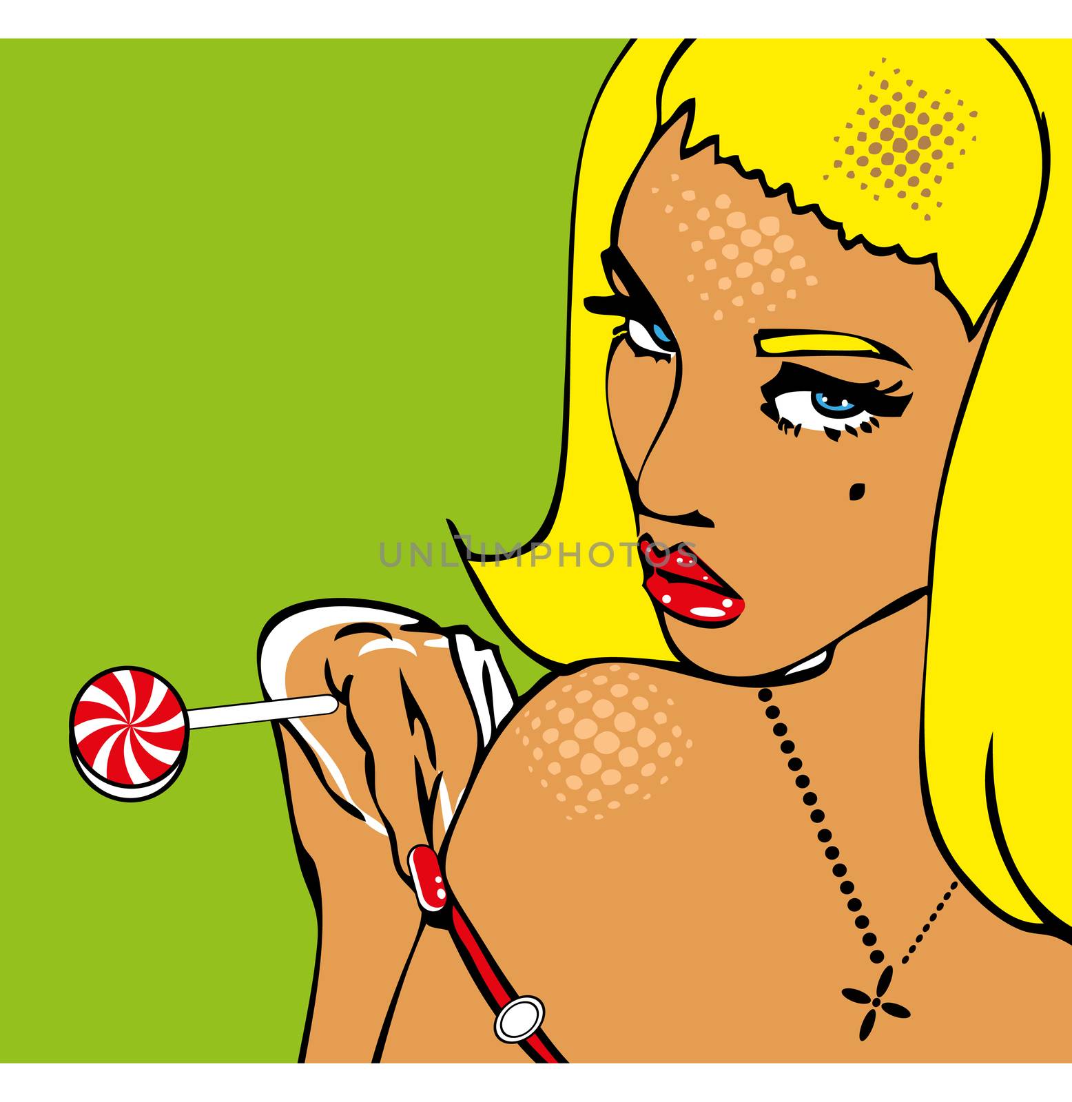 Sexy Girl with lollipop on retro Background.Hot popart comics