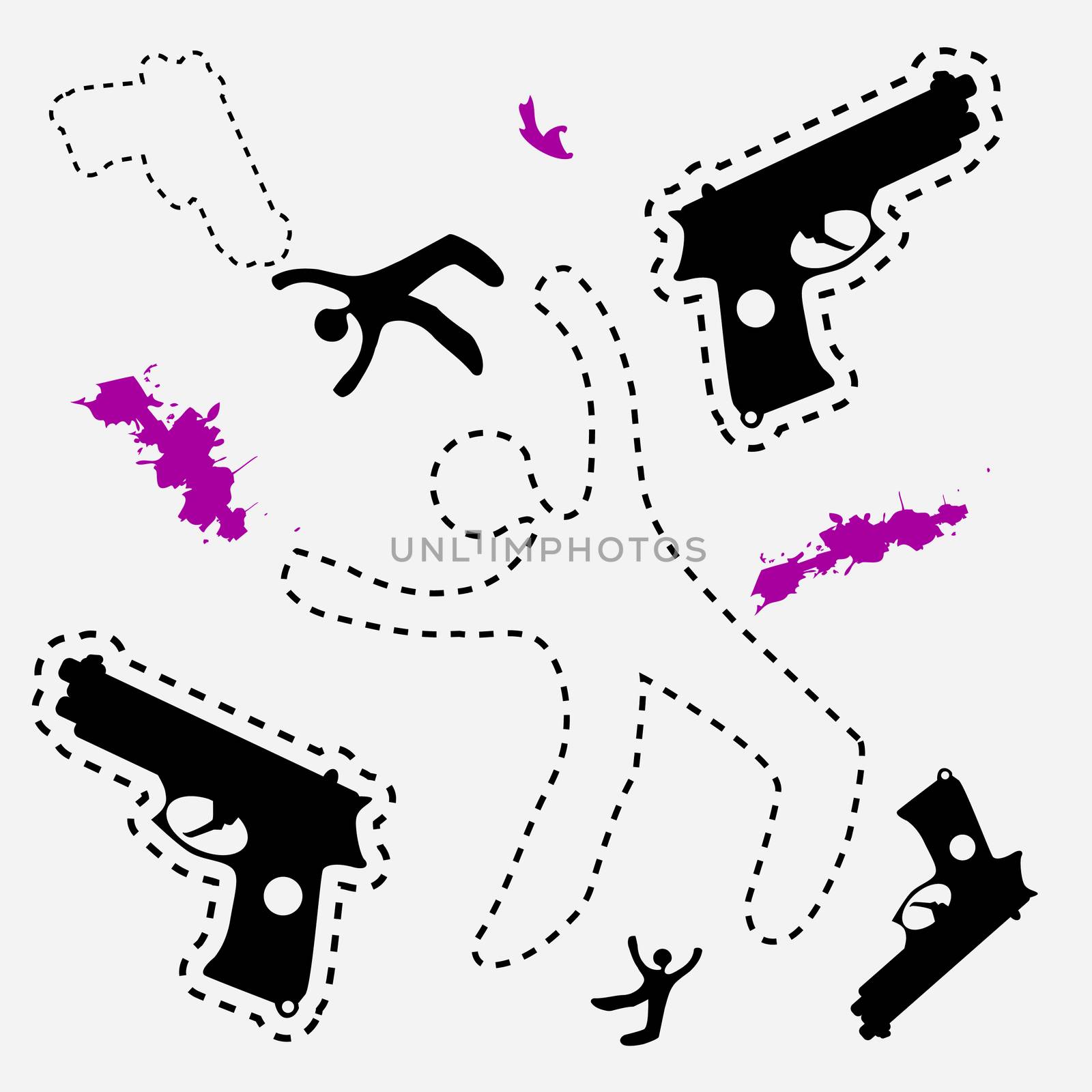 Silhouette of the dead man and gun on the ground, vector background dead body otline with hand gun 