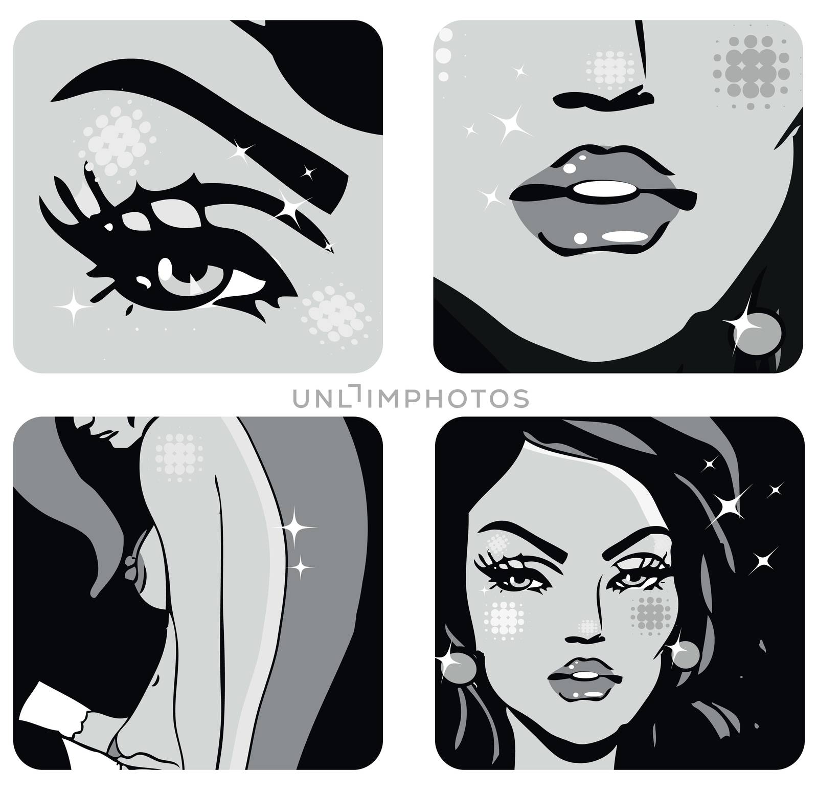 4 icons of Woman beauty -body, hair, eyes, lips, face girl by tamaravector