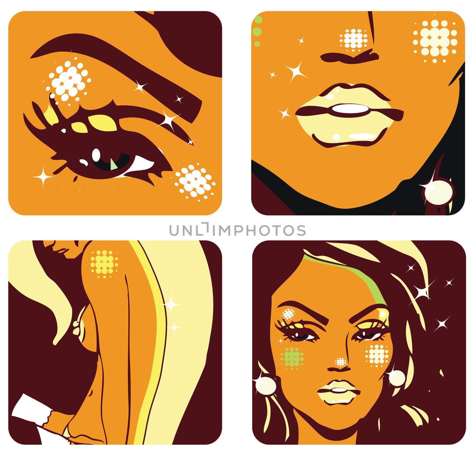 4 icons of Woman beauty -body, hair, eyes, lips, face girl by tamaravector