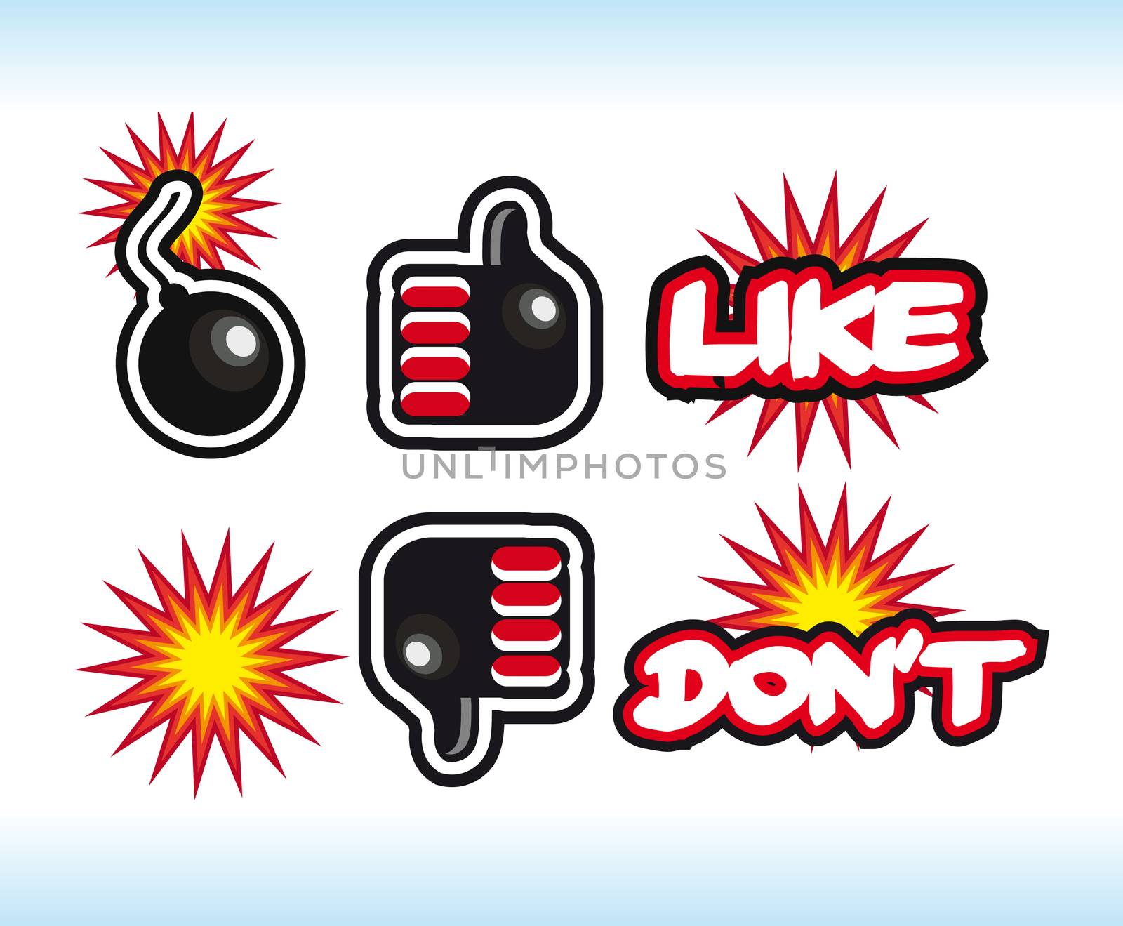 comic style bombs Like and unlike symbols. Thumb up and thumb down signs. 