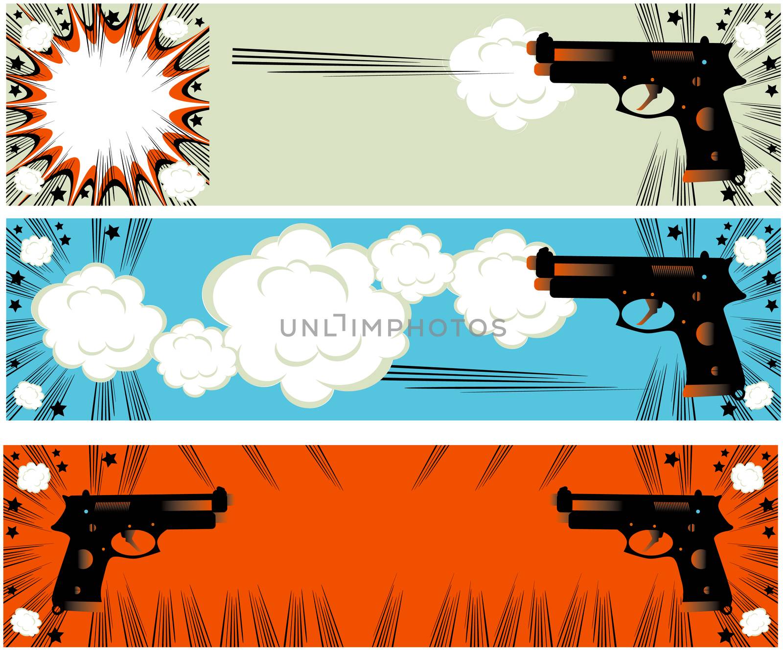 Pop art guns banners set styled illustration on a crime based theme boom 