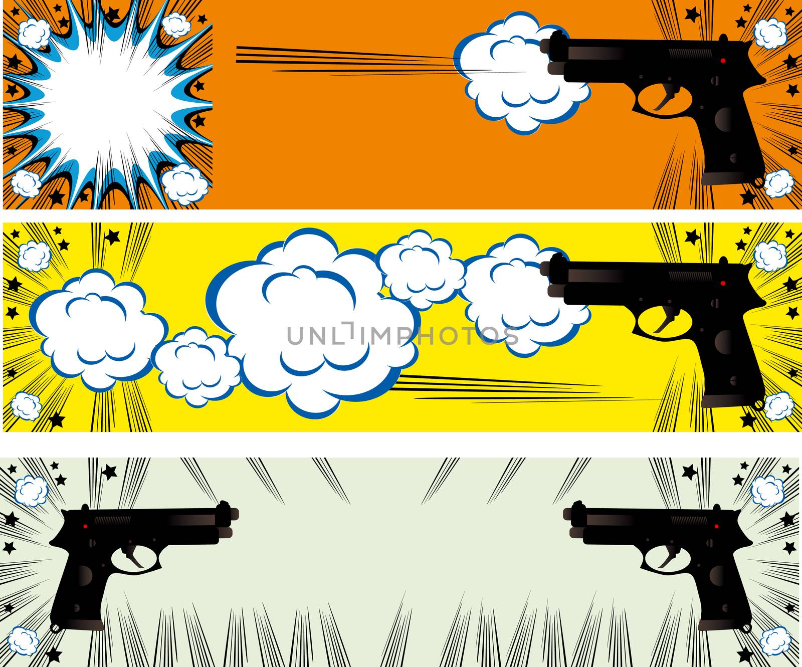 Pop art guns banners set styled illustration on a crime based theme boom 