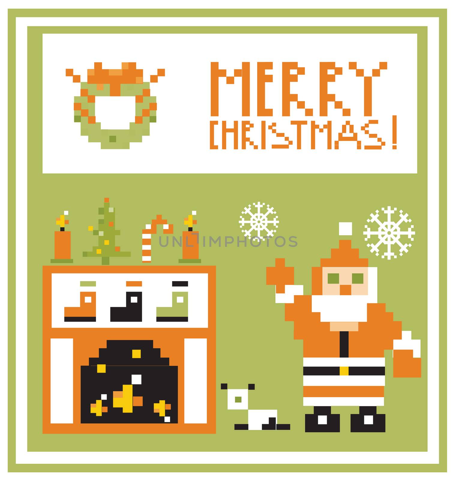 Pixel Holidays Card Christmas living room with Santa background by tamaravector
