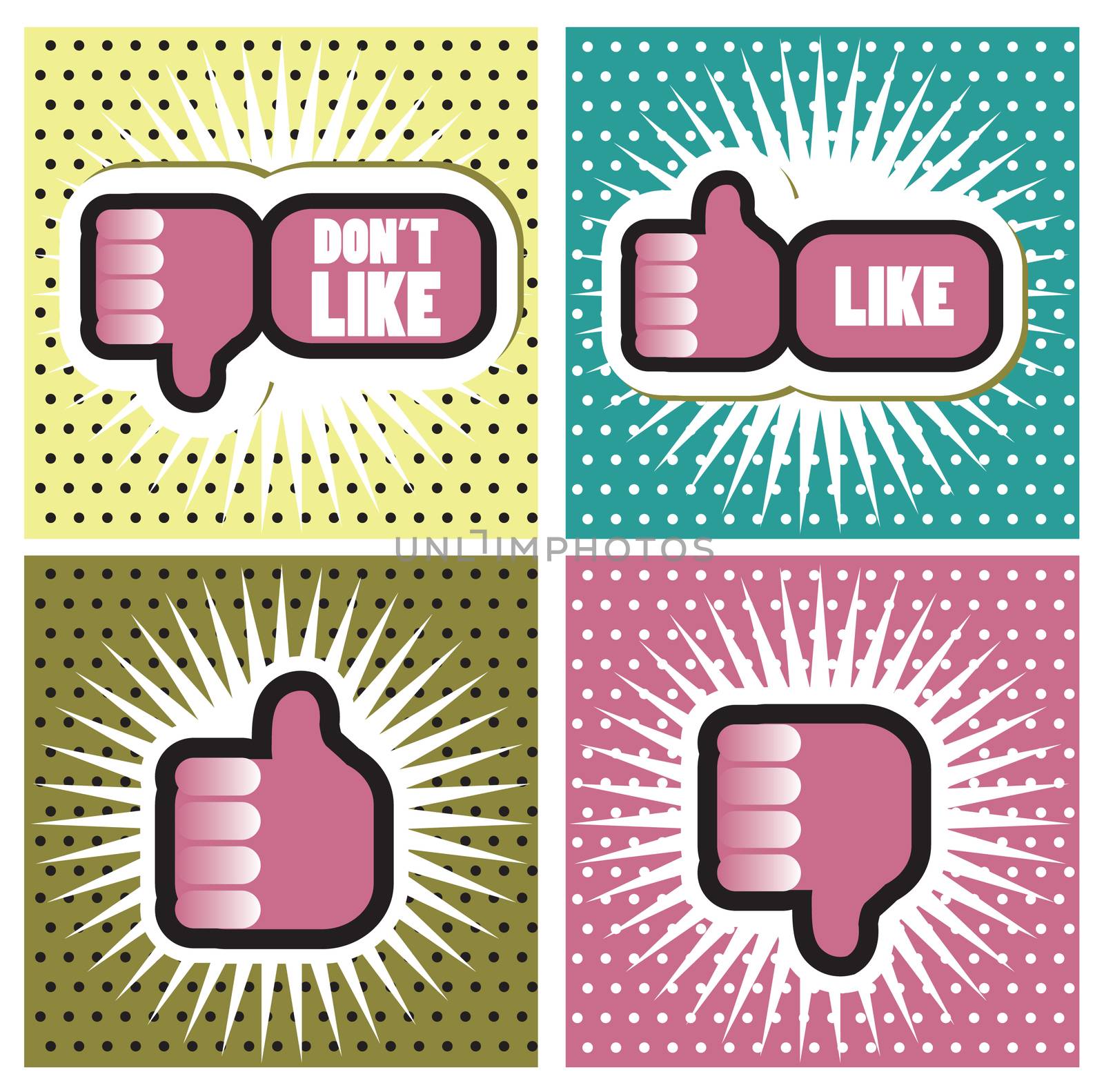 Pop art Comic Book Style Banners with Thumbs up button - like button Thumbs down button - don't like button