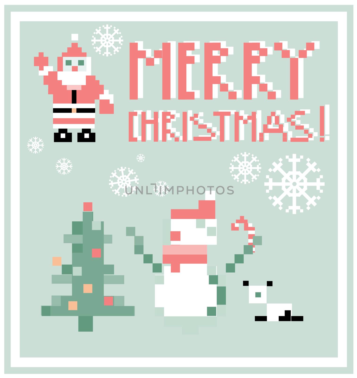 Pixel Holidays People card Santa and Snowman card /  icons set t by tamaravector