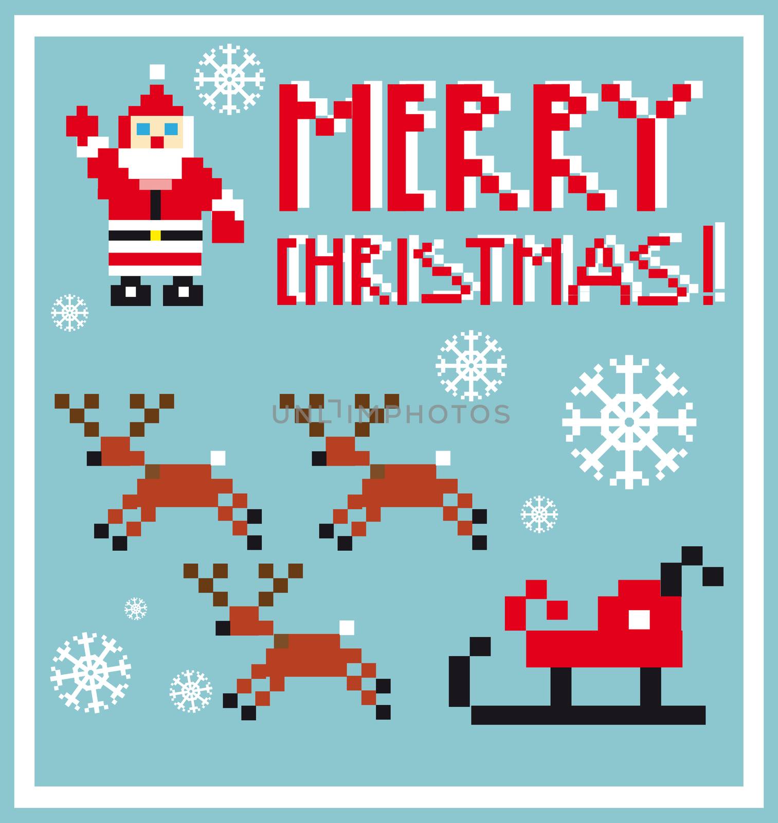 Pixel Holidays Santa's reindeer, sledge icons set theme in pixel art style, vector illustration