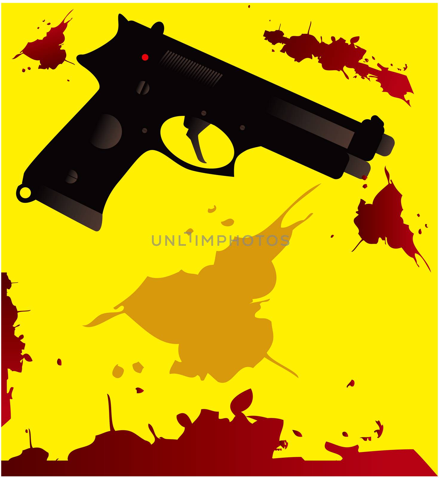 Gun silhouette with blood splatter on a white background Crime concept template with space