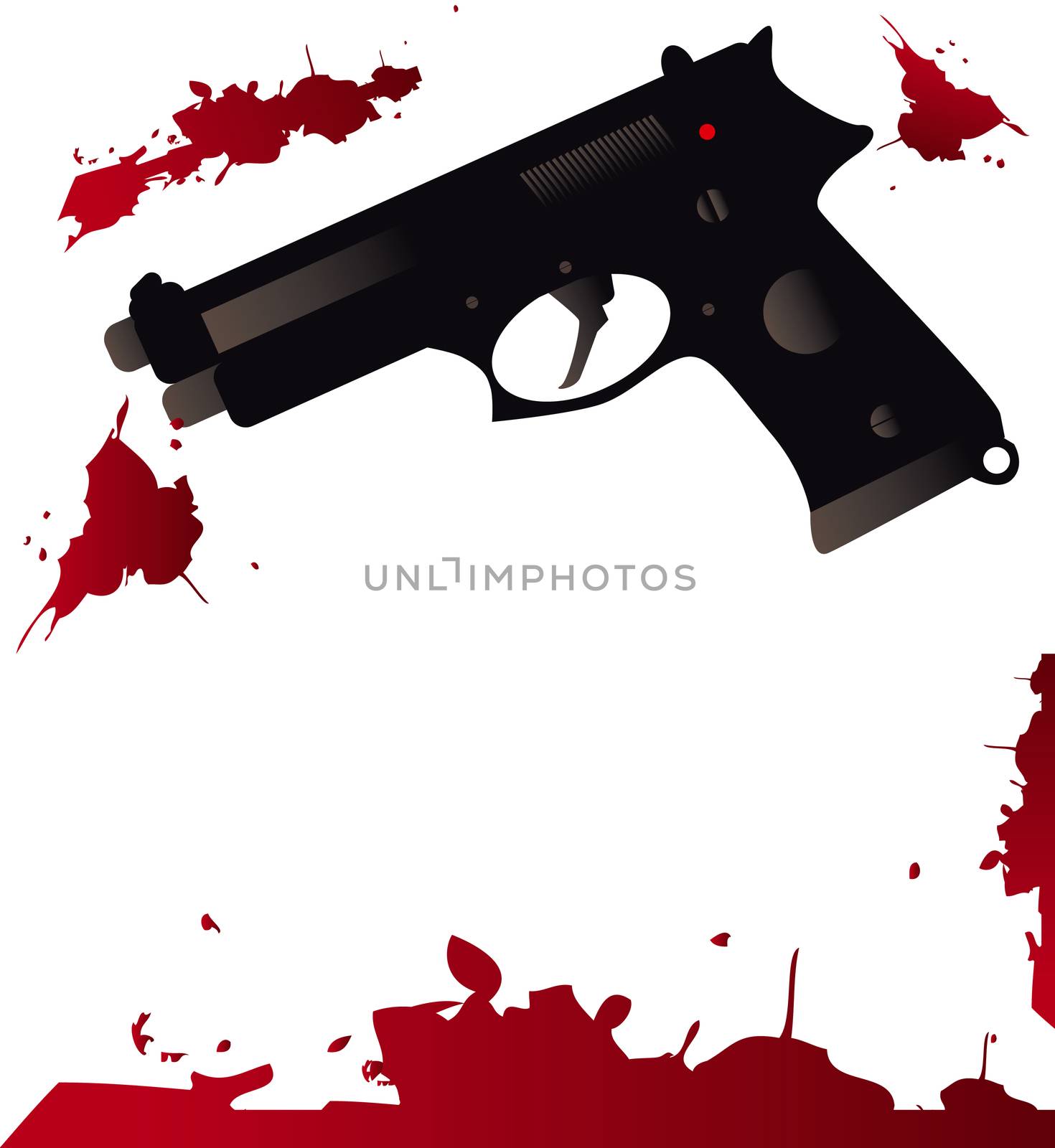 Gun silhouette with blood splatter on a white background Crime concept template with space