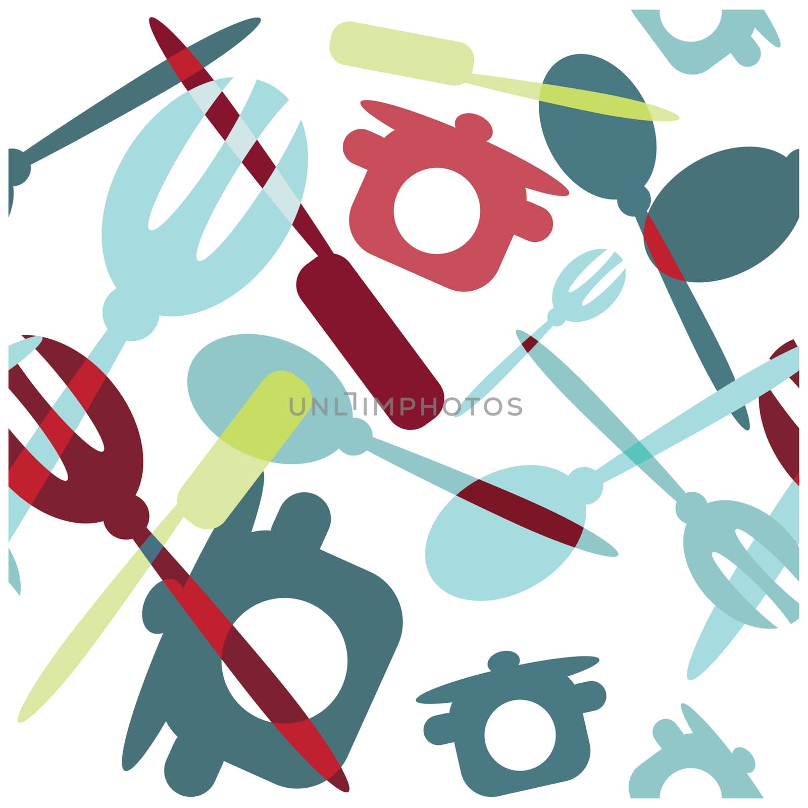 Seamless Transparency silverware icons seamless pattern background. Fork, knife and spoon silhouettes on different sizes and colors.