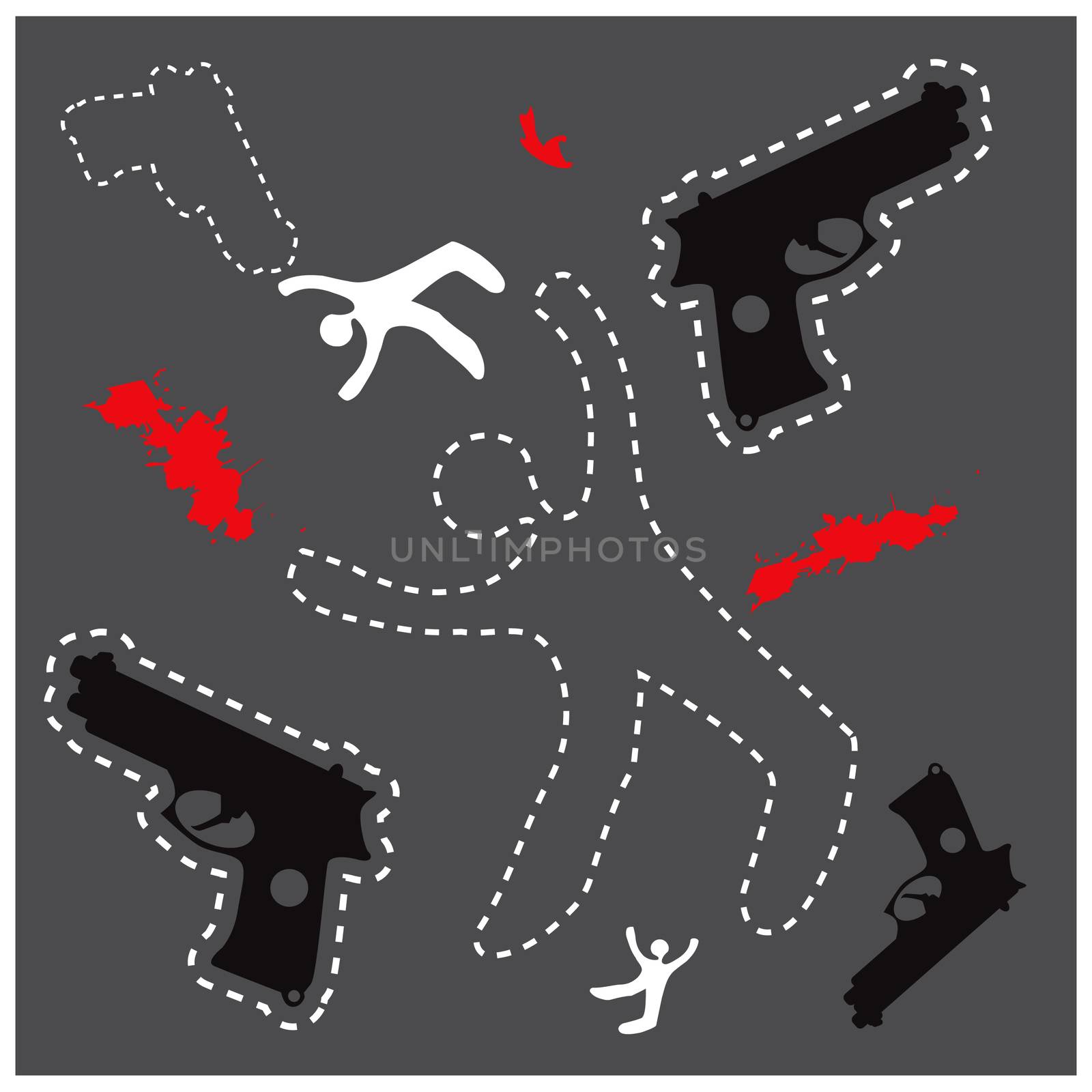 Silhouette of the dead man and gun on the ground, vector backgro by tamaravector