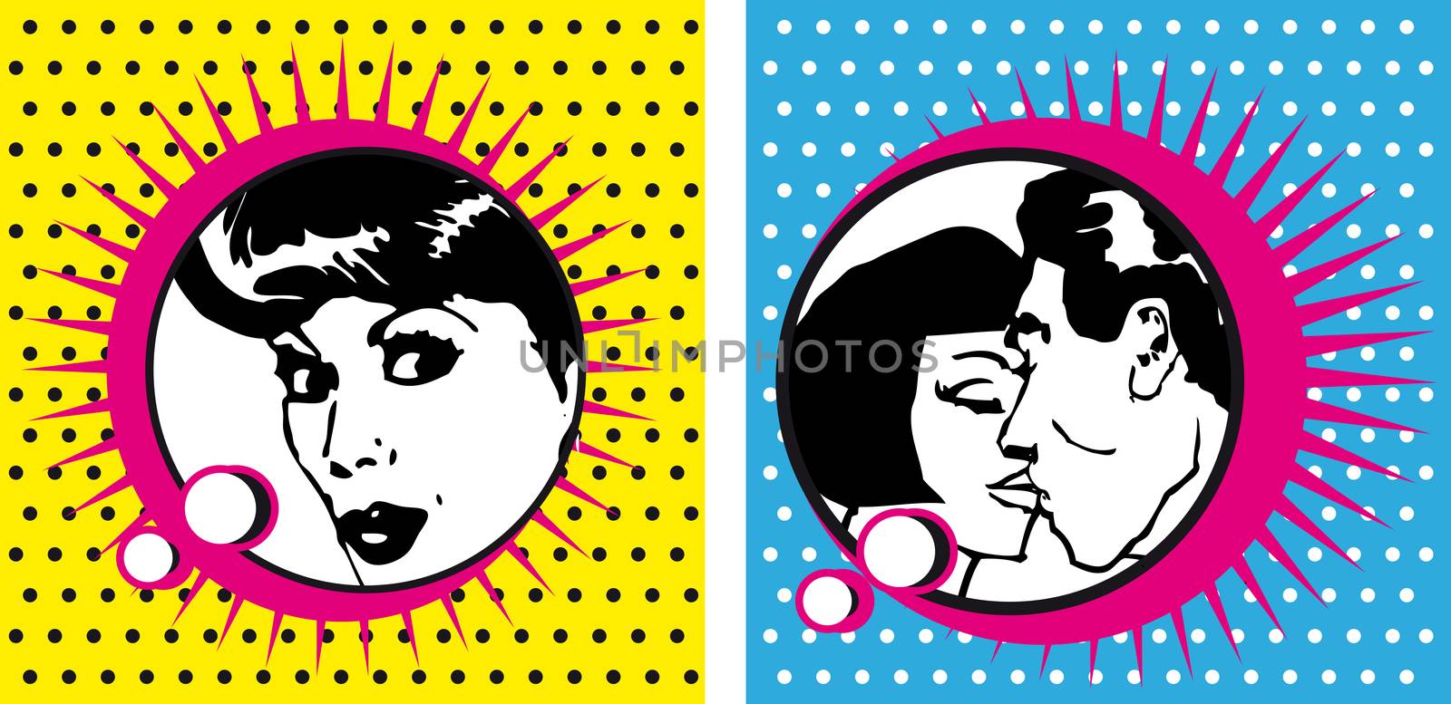 Pop Art Woman and kissing Couple dot backgrounds cards bobble comic style ad banner 
