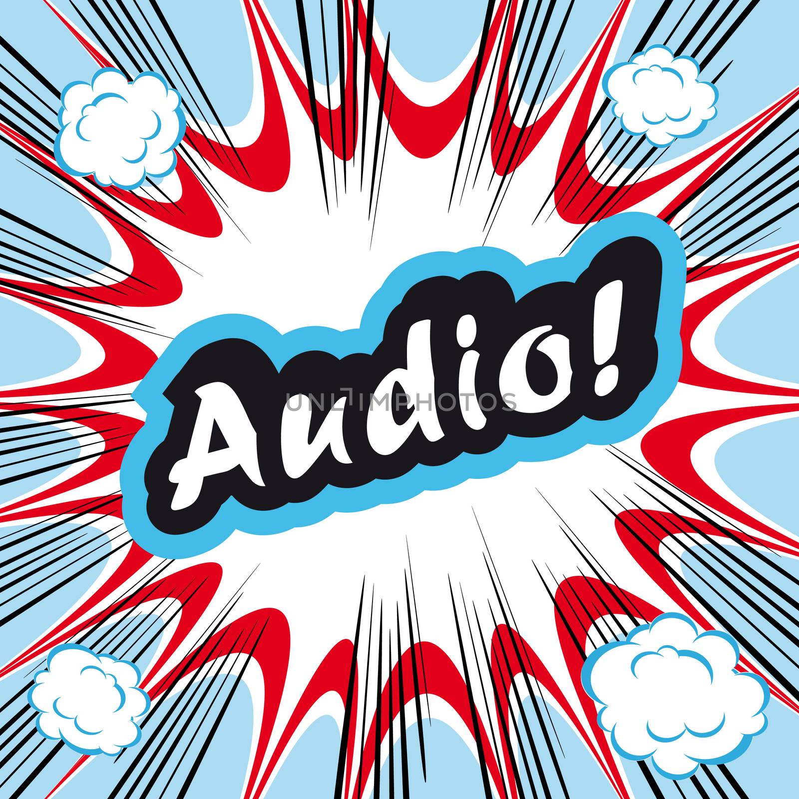 Comic book background Audio! concept or conceptual cute Audio text on pop art background for your designs or presentations