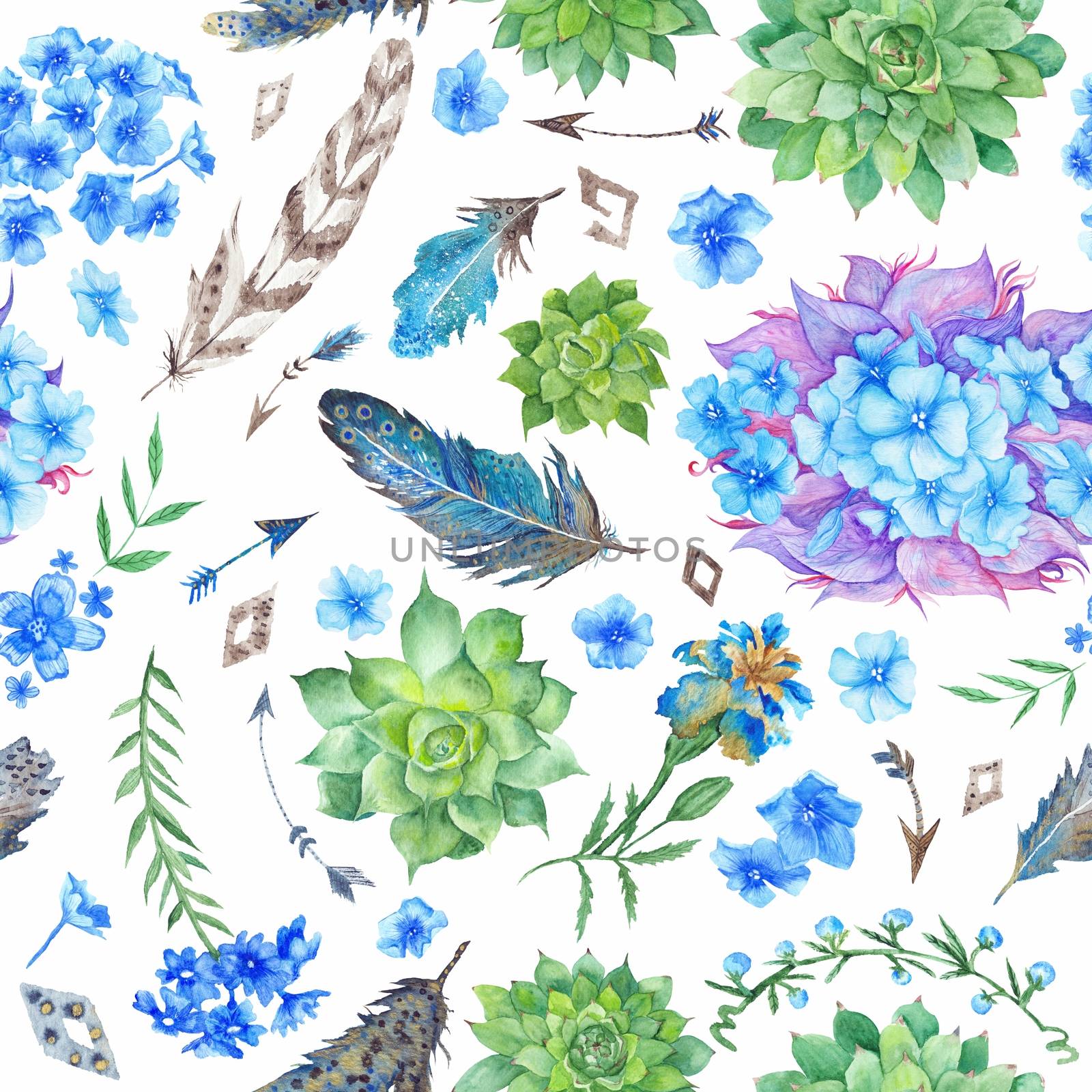 Forest boho style illustration for wallpaper, textile, event design with feathers, succulents, flowers and arrows