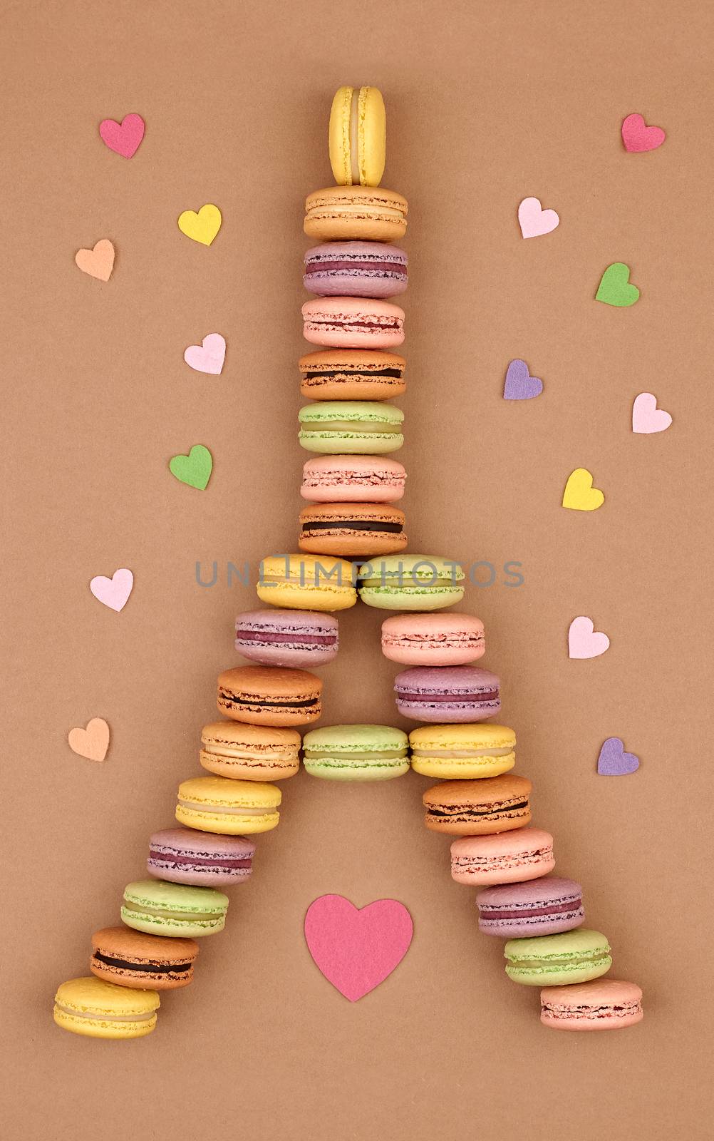 Macarons. Still life. Eiffel Tower french sweet colorful, hearts. Fresh pastel delicious dessert, chocolate retro vintage background.Love,Valentines Day,romantic                                       