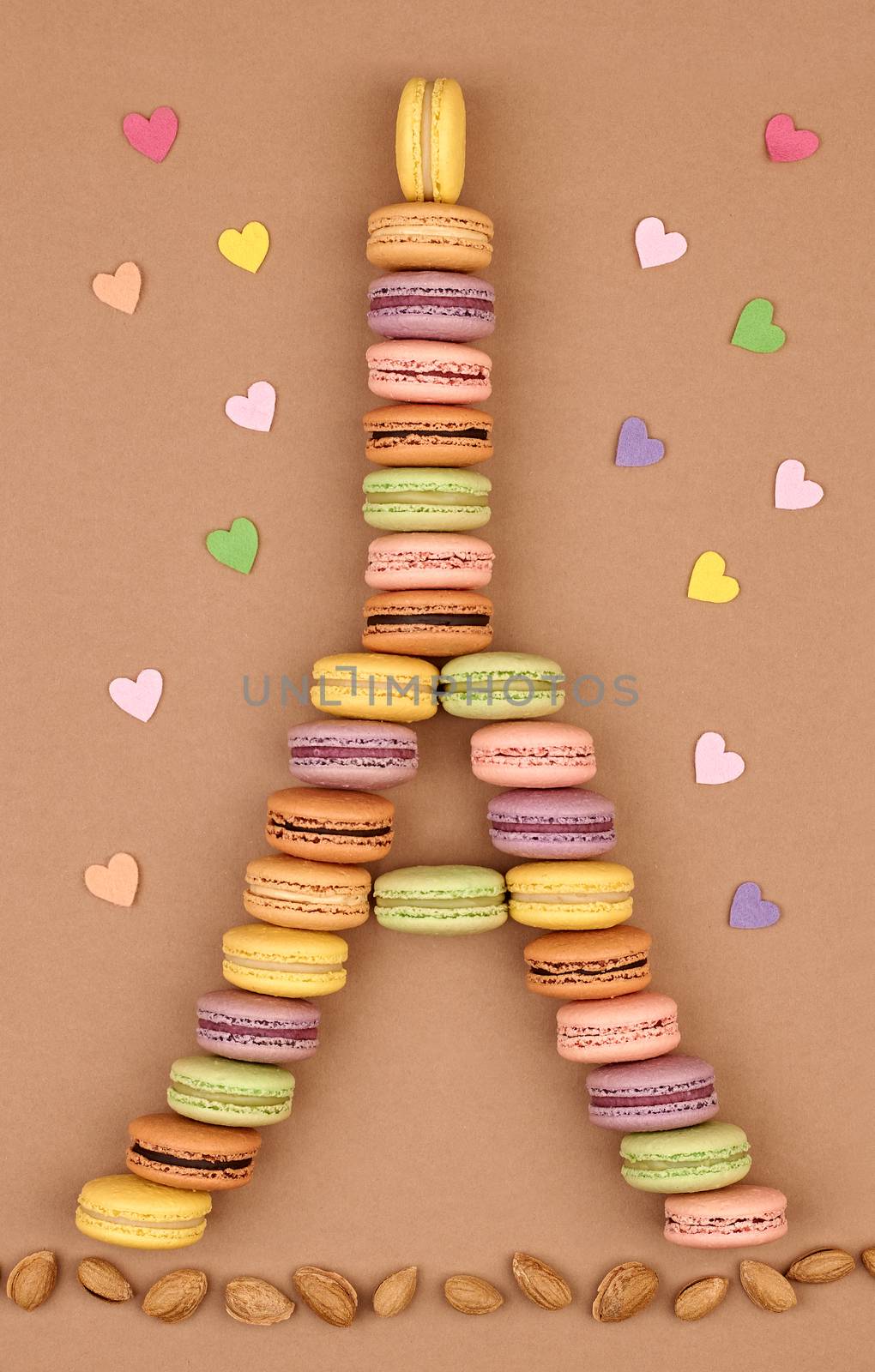 Macarons. Still life. Eiffel Tower french sweet colorful hearts, almond. Fresh pastel dessert on chocolate retro vintage background. Love,Valentines Day,romantic                                       