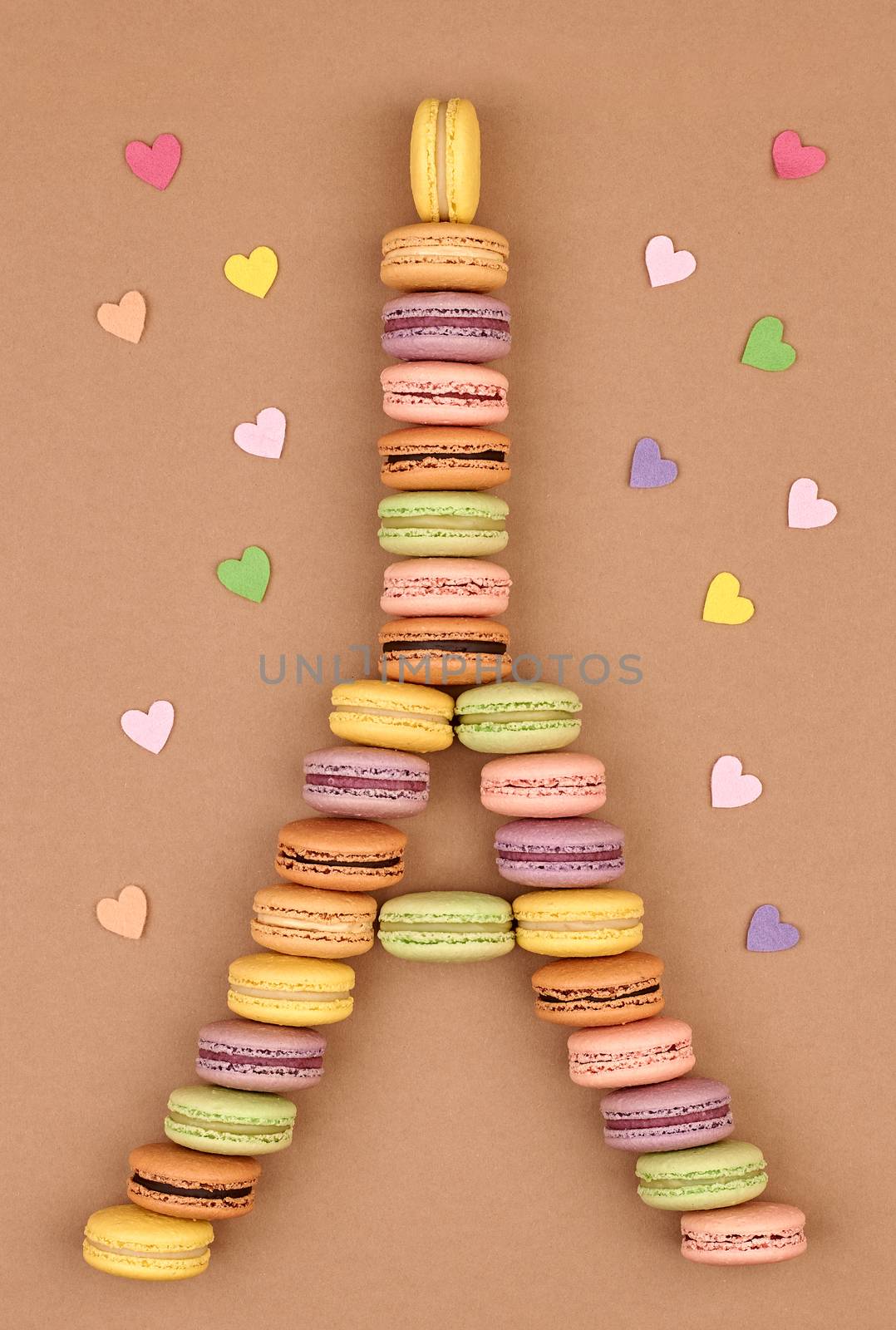 Macarons. Still life. Eiffel Tower french sweet colorful, hearts. Fresh pastel delicious dessert, chocolate retro vintage background.Love,Valentines Day,romantic                                       
