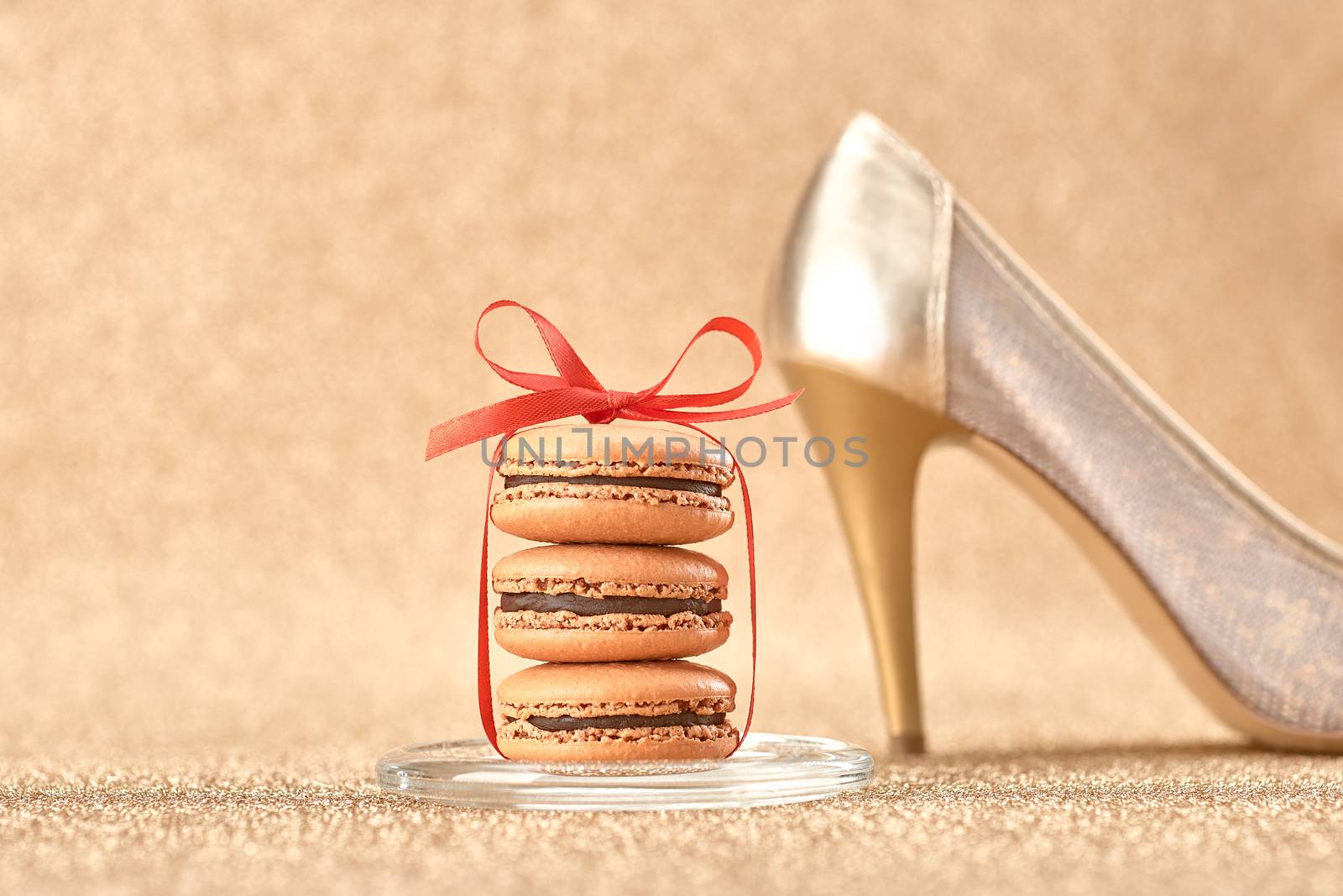 Macarons. Luxury shiny shoes on gold.Vintage retro by 918