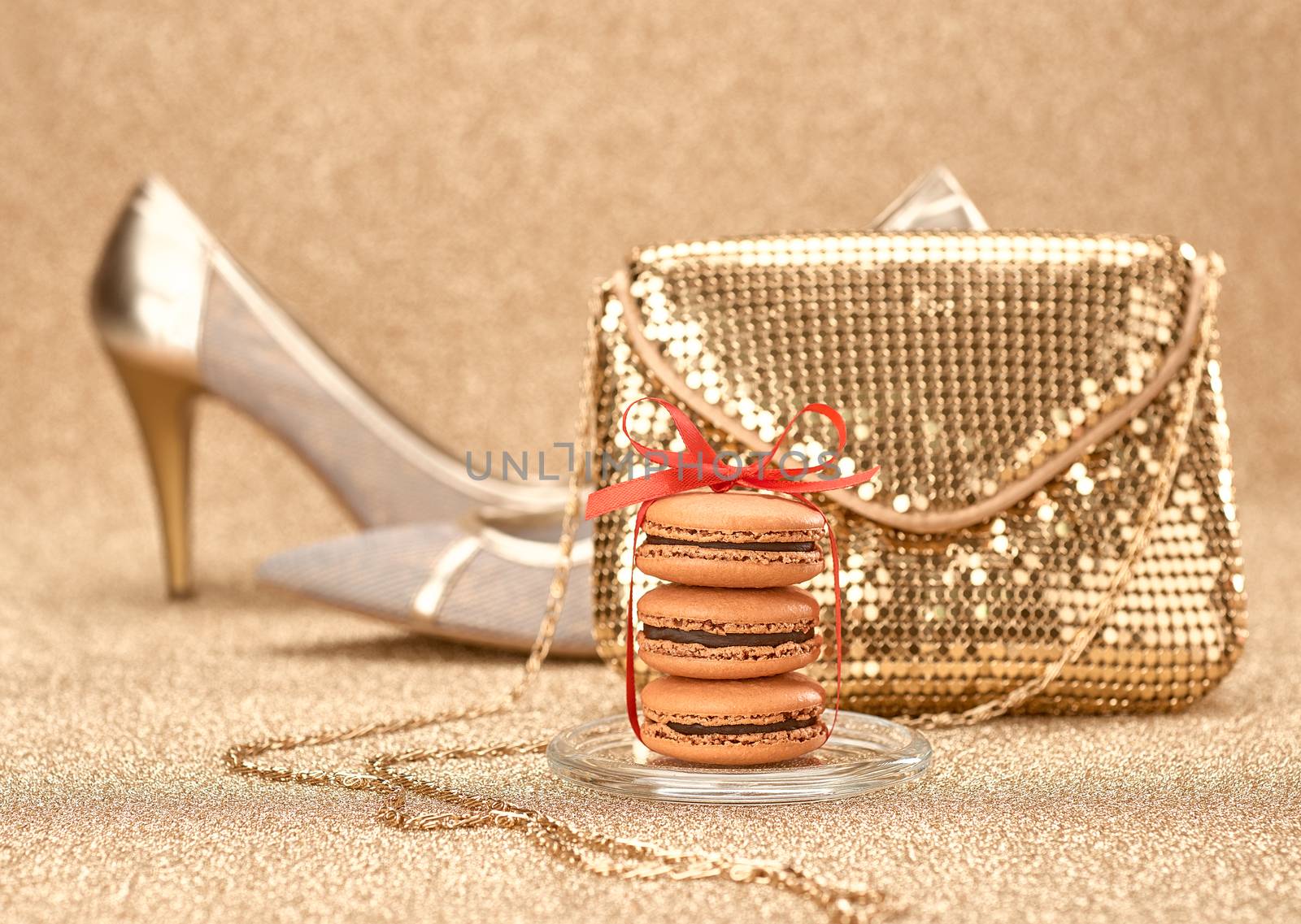 Macarons.Luxury shiny shoes,handbag gold.Vintage by 918